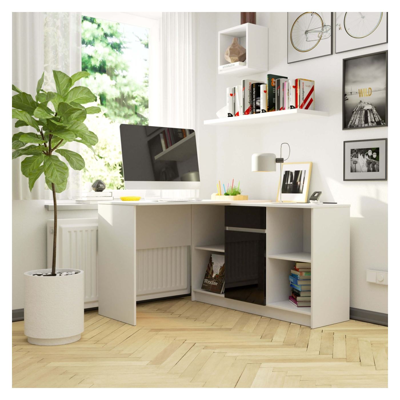 Ъглов бюро с чекмедже, врата и 6 рафта, гланцови MDF фронтове, 120x126x79 см, бяло и гланцово черно - 6