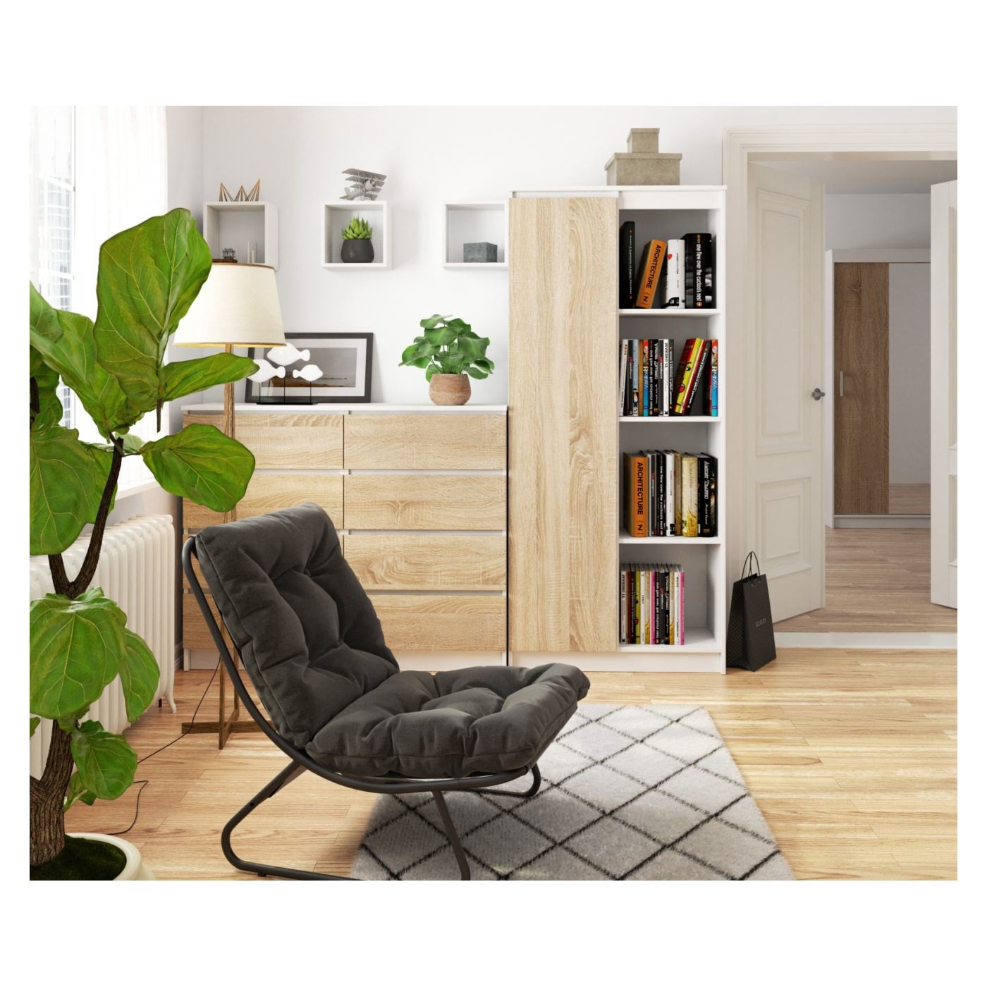 Шкаф с врата и 8 рафта, 16 мм ламинирано ПДЧ, 80x35x180 см, бял и сонома дъб - 2