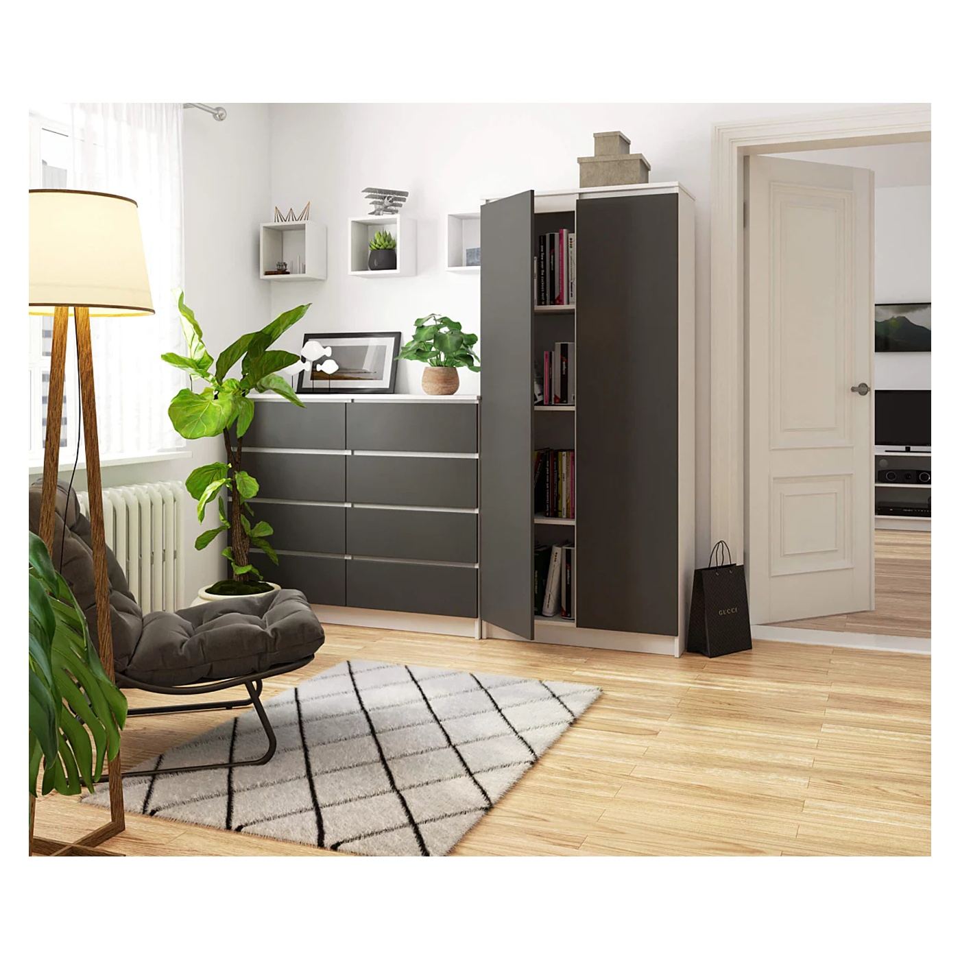 8-рафтов шкаф, 16мм ламинирано ПДЧ, 80x35x180 см, Бяло и Графит - 4