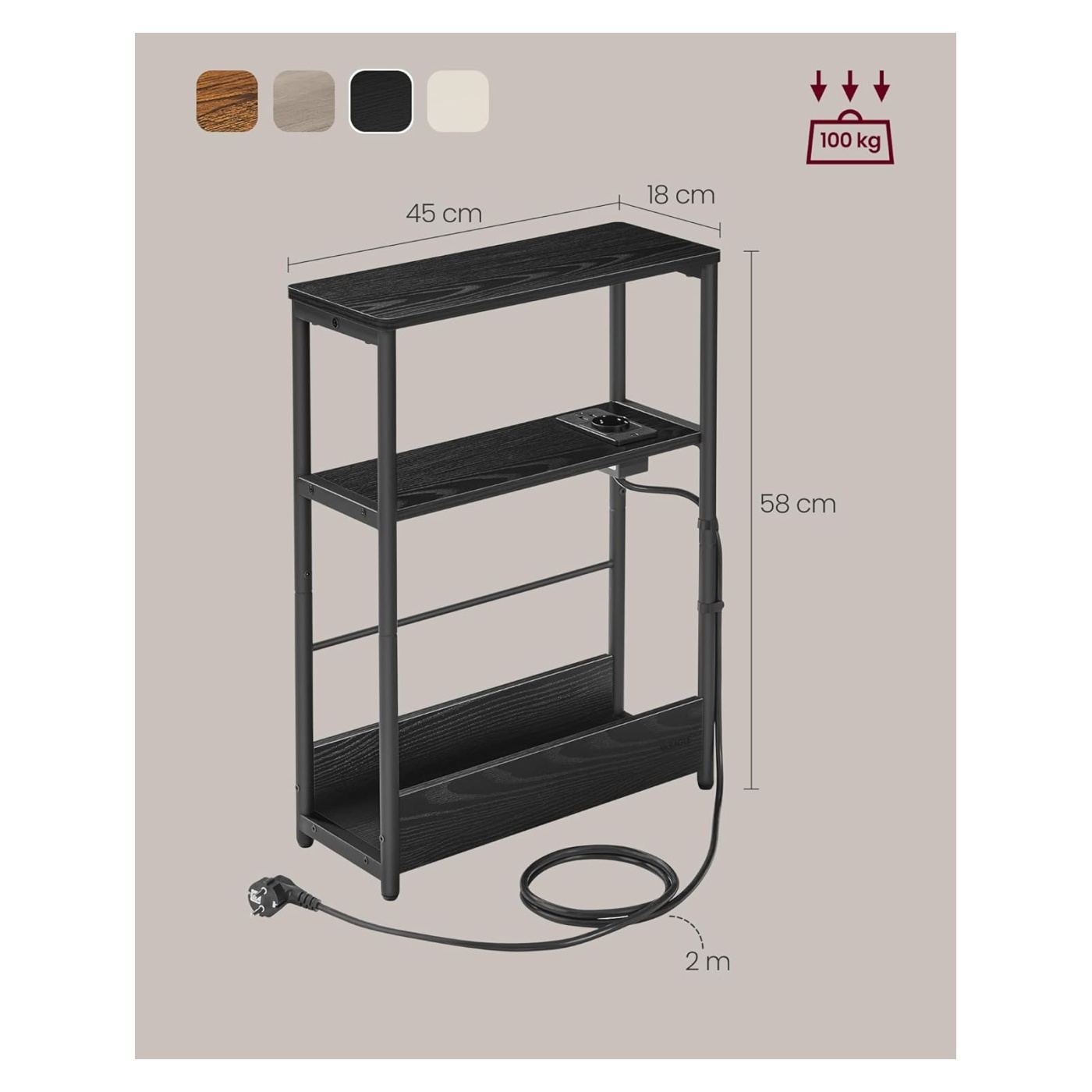 Тясна странична маса с USB портове, 3 рафта, метална рамка, 45x18x58 см, компактен дизайн, черна - 2