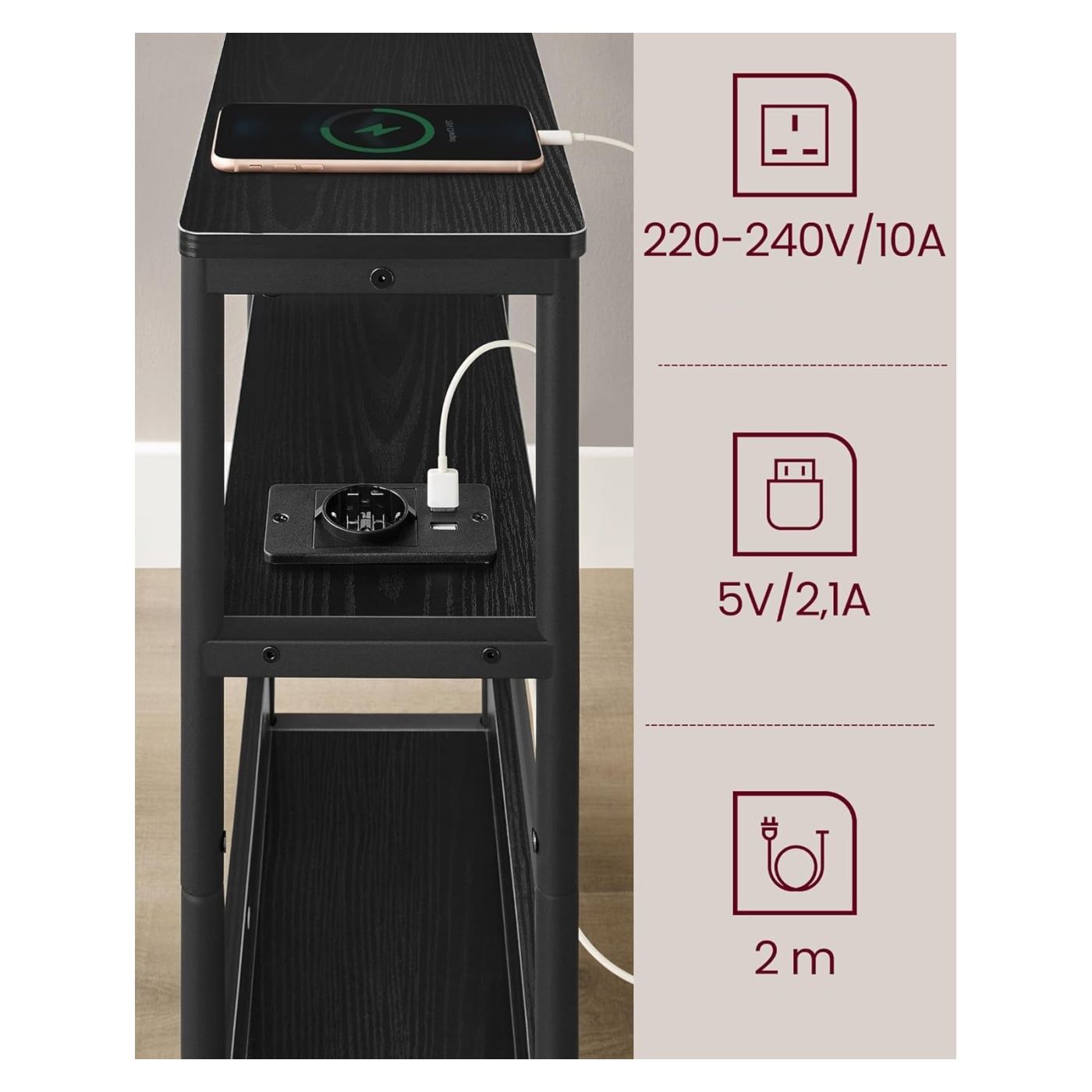 Тясна странична маса с USB портове, 3 рафта, метална рамка, 45x18x58 см, компактен дизайн, черна - 6