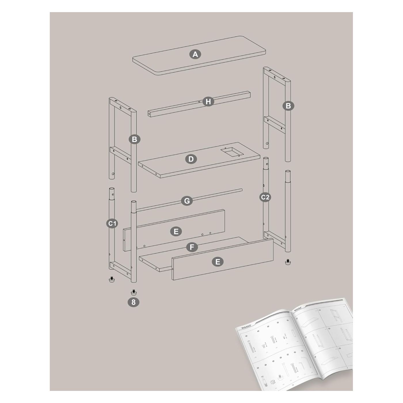 Тясна странична маса с USB портове, 3 рафта, метална рамка, 45x18x58 см, компактен дизайн, черна - 7