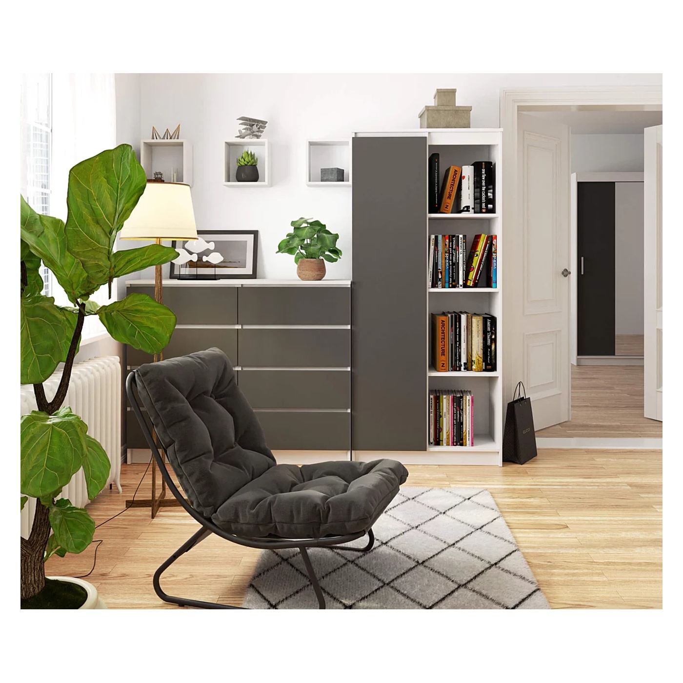 Шкаф с врата и 8 рафта, 16 мм ламинирано ПДЧ, 80x35x180 см, бял и сив - 4