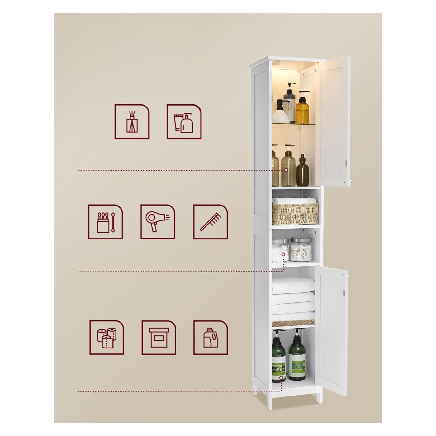 Висок тесен шкаф за баня с LED осветление, регулируеми рафтове, MDF, 30x30x170 см, реверсивна врата, бял - 6