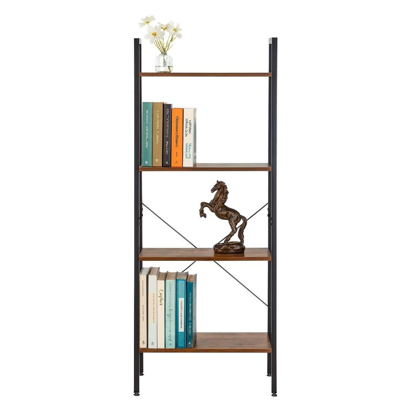 Индустриален стил Метална MDF библиотека с 4 рафта, предпазна ключалка, 56x34x138 см, Макс. 100 кг, Кафяво черно - 19