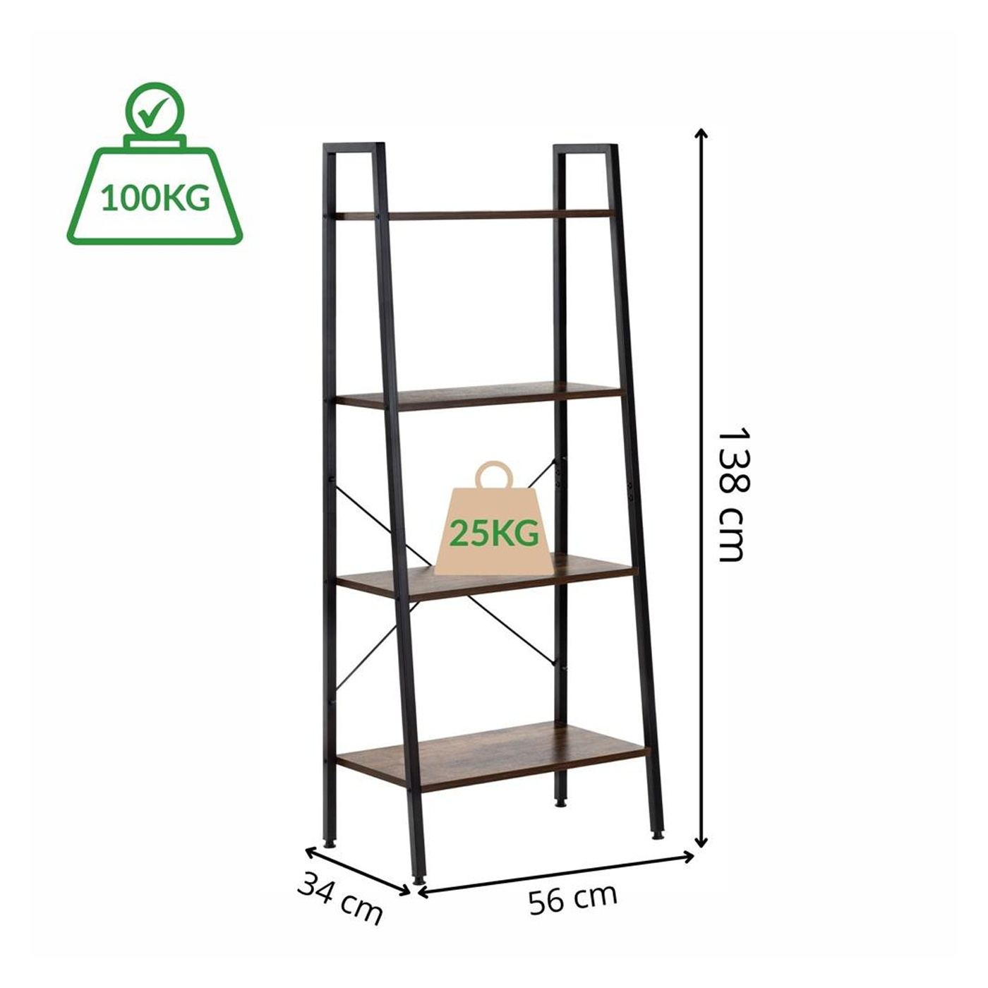 Индустриален стил Метална MDF библиотека с 4 рафта, предпазна ключалка, 56x34x138 см, Макс. 100 кг, Кафяво черно - 22