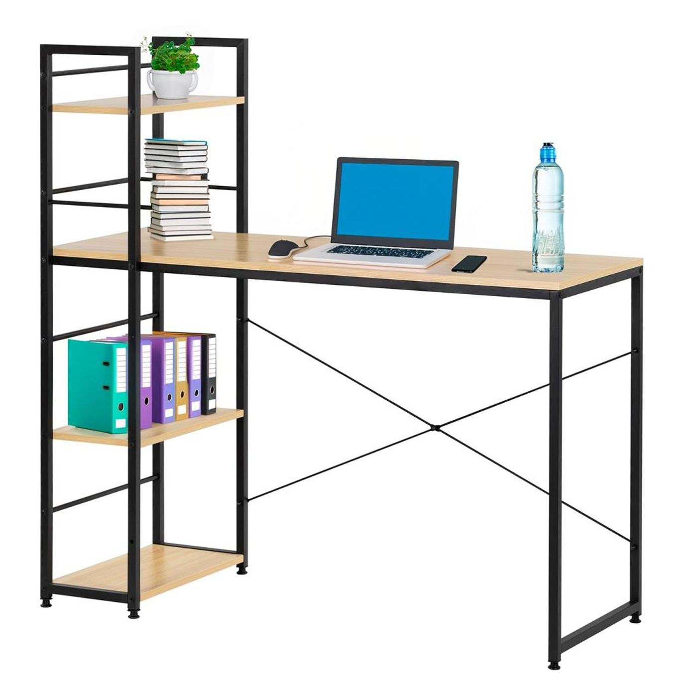 MDF бюро със странични рафтове, здрава метална рамка, 120x48x122 см, макс. 100 кг, светло кафяво - 4
