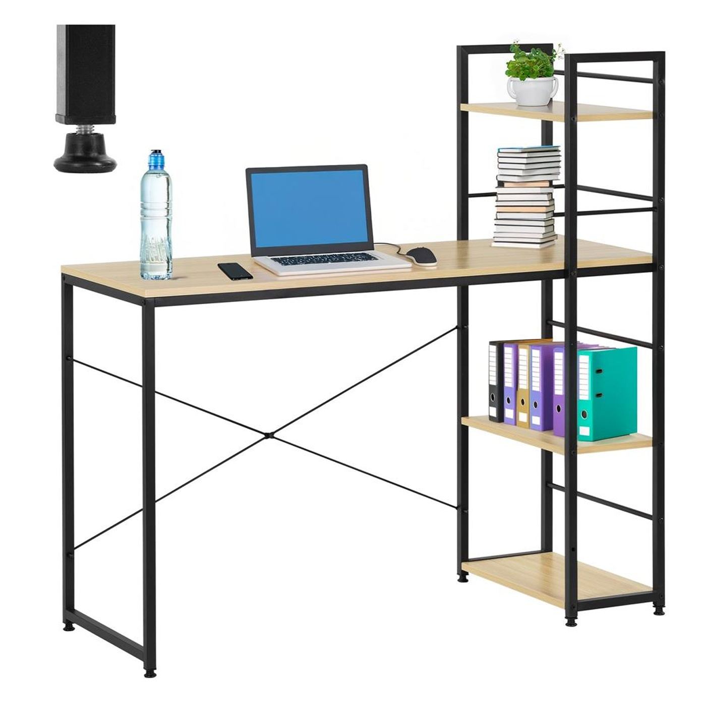 MDF бюро със странични рафтове, здрава метална рамка, 120x48x122 см, макс. 100 кг, светло кафяво - 7