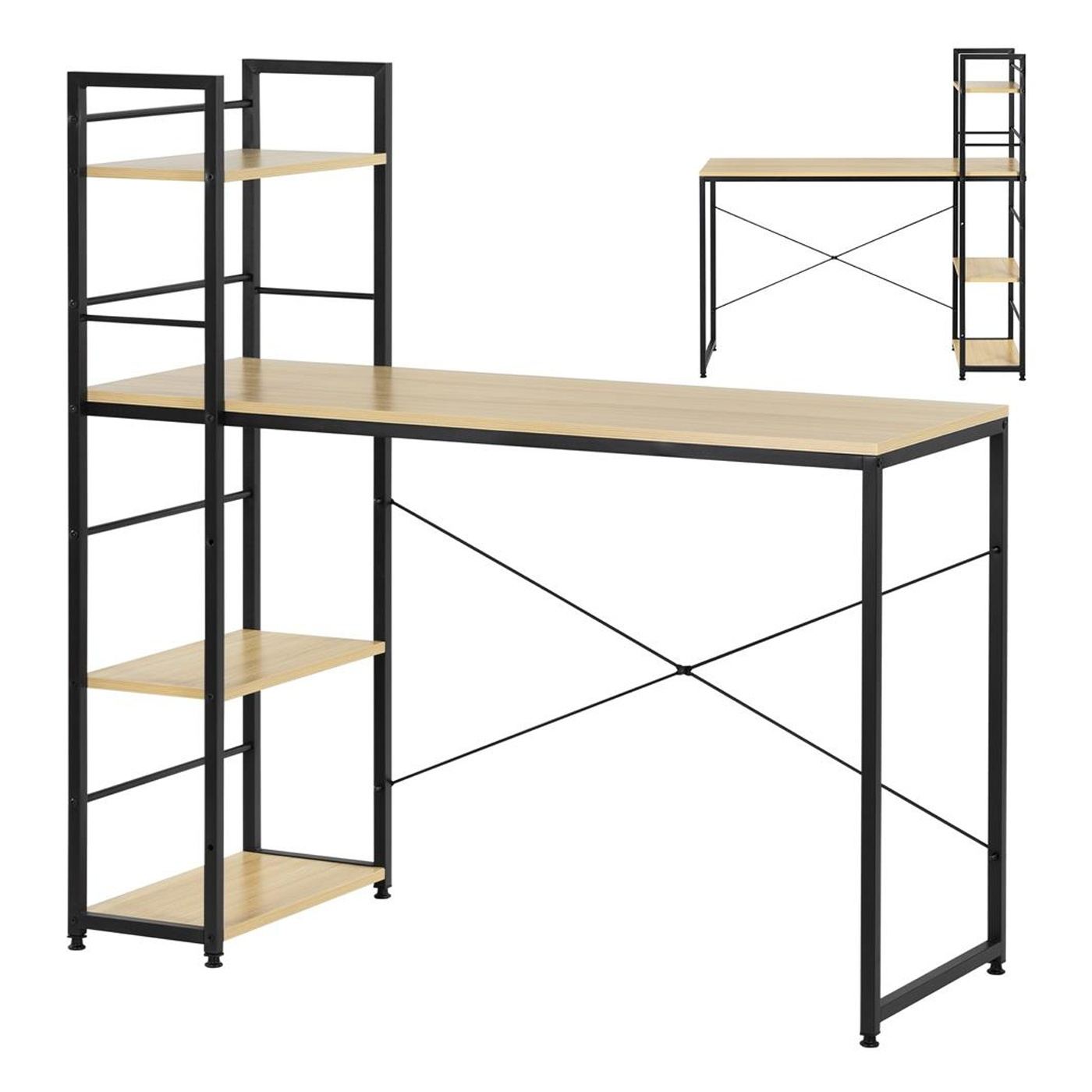 MDF бюро със странични рафтове, здрава метална рамка, 120x48x122 см, макс. 100 кг, светло кафяво - 8