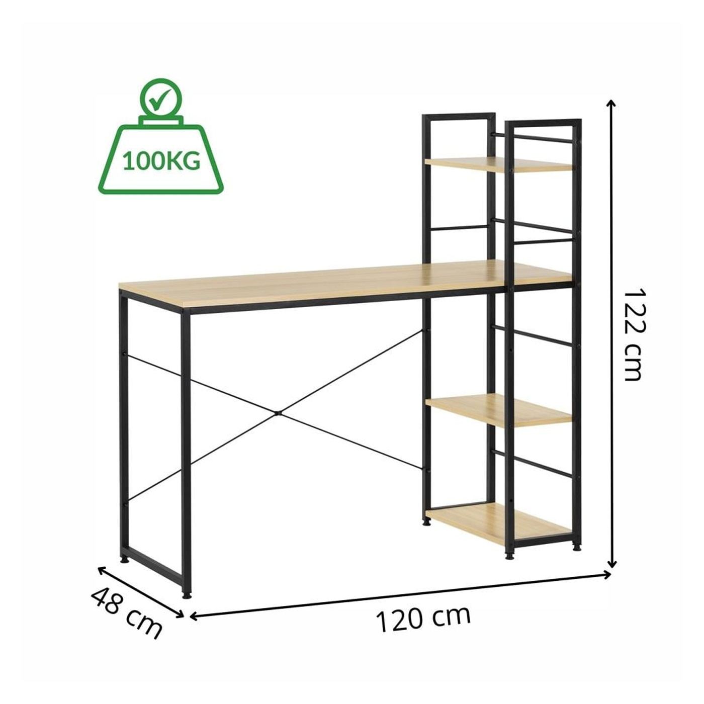MDF бюро със странични рафтове, здрава метална рамка, 120x48x122 см, макс. 100 кг, светло кафяво - 21