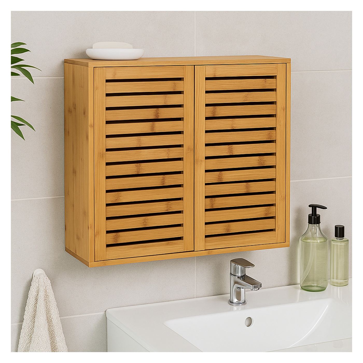 5Five Sicela Стенен шкаф с врата и рафтове, Бамбук и MDF, 52x20x59 см, Натурален - 5