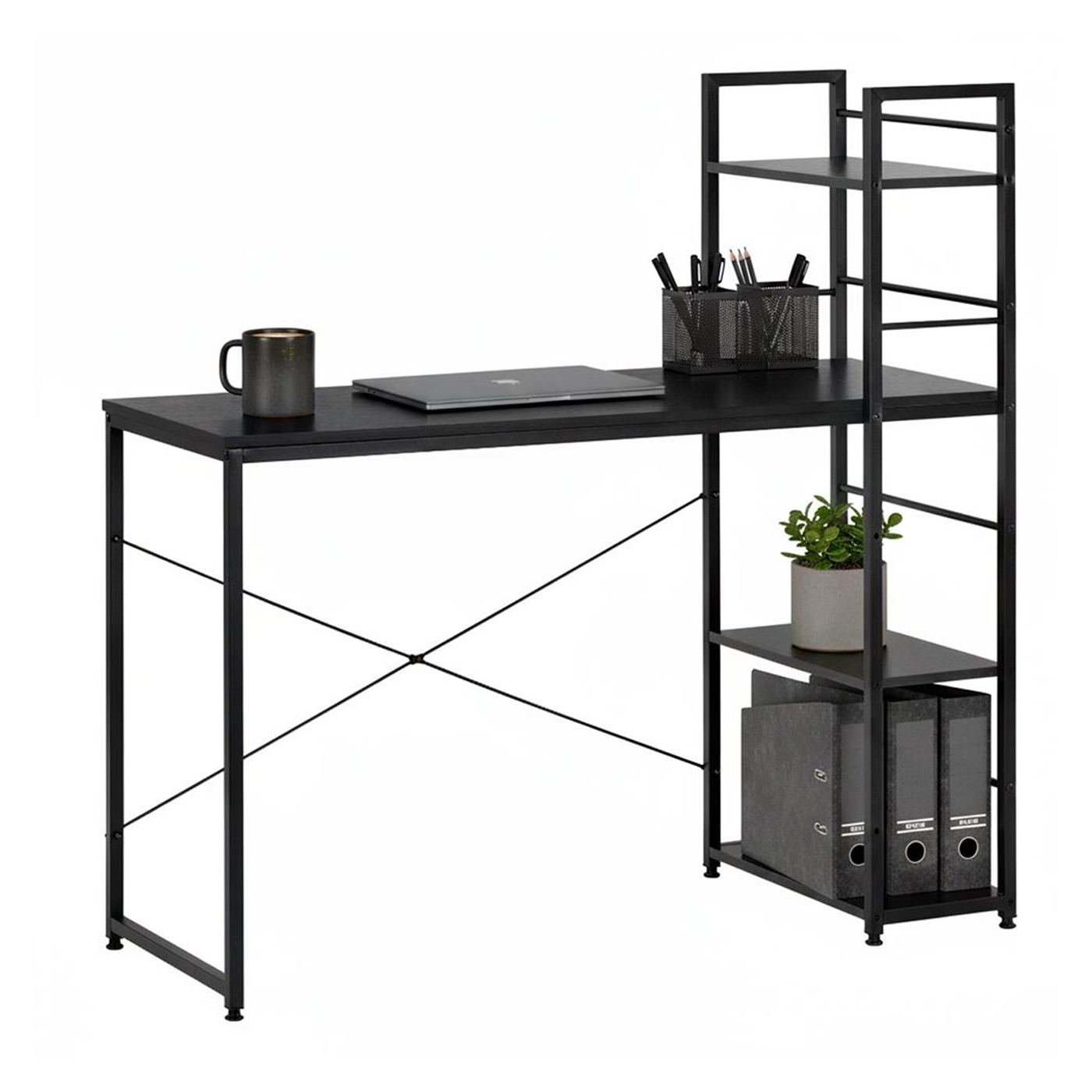 MDF бюро със странични рафтове, метална рамка, просторно, 120x48x122 см, макс. 100 кг, черно - 2