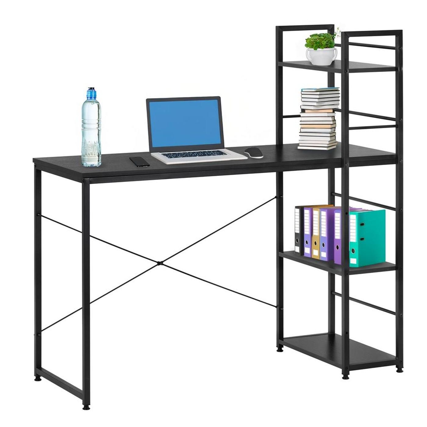MDF бюро със странични рафтове, метална рамка, просторно, 120x48x122 см, макс. 100 кг, черно - 5