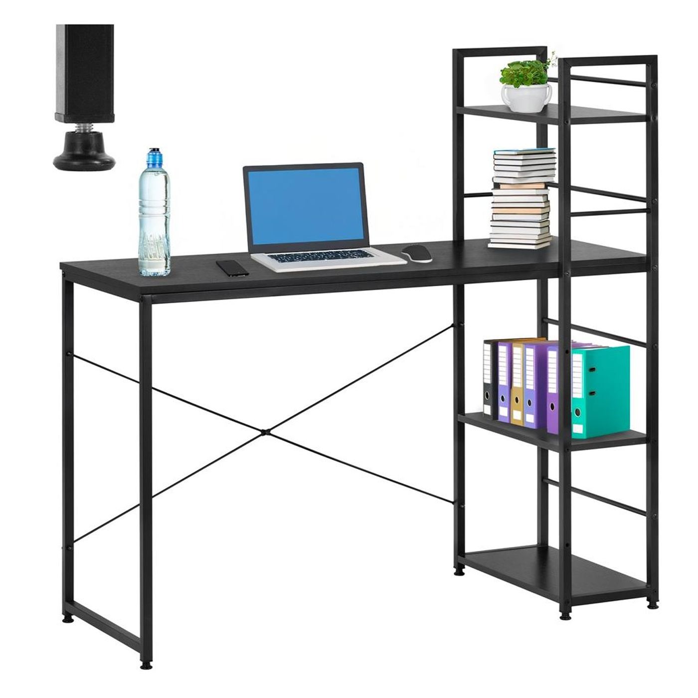 MDF бюро със странични рафтове, метална рамка, просторно, 120x48x122 см, макс. 100 кг, черно - 7