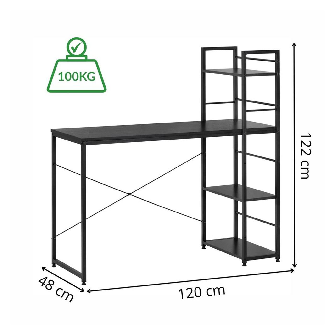 MDF бюро със странични рафтове, метална рамка, просторно, 120x48x122 см, макс. 100 кг, черно - 21