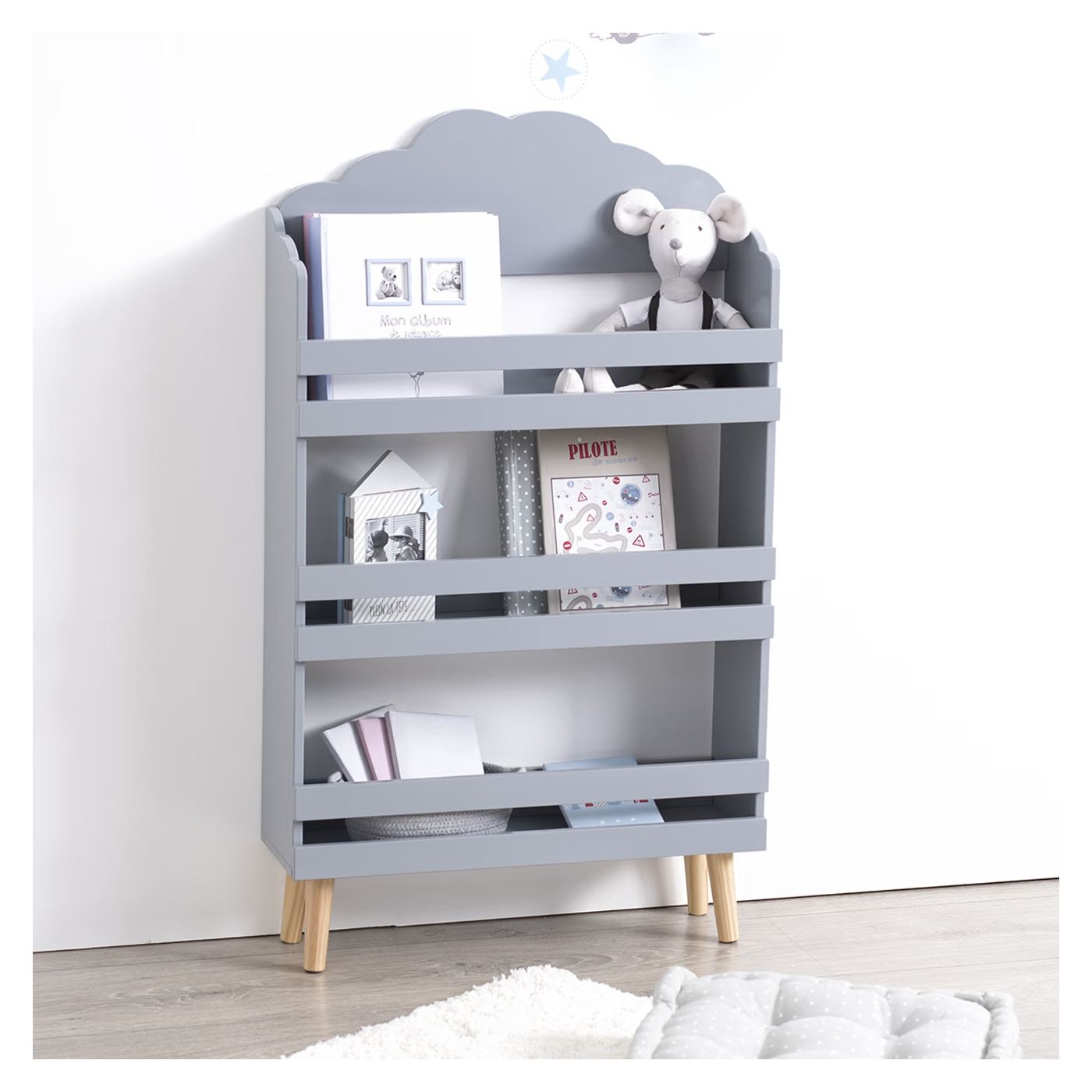 Детска библиотека Atmosphera Nuage MDF 3 рафта, 58x18x100 см, Игрив дизайн, Сив - 2
