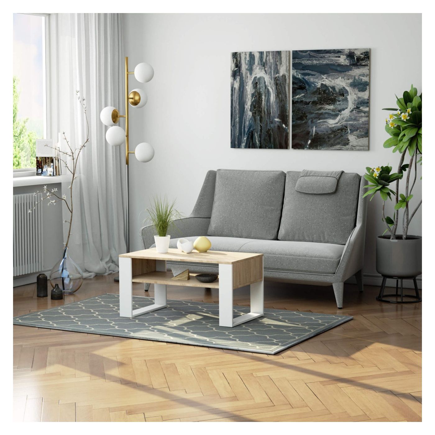 Domi Масичка за кафе с долен рафт, Ламиниран плот, 92x50x45 см, Дъб Сонома и Бяло - 4