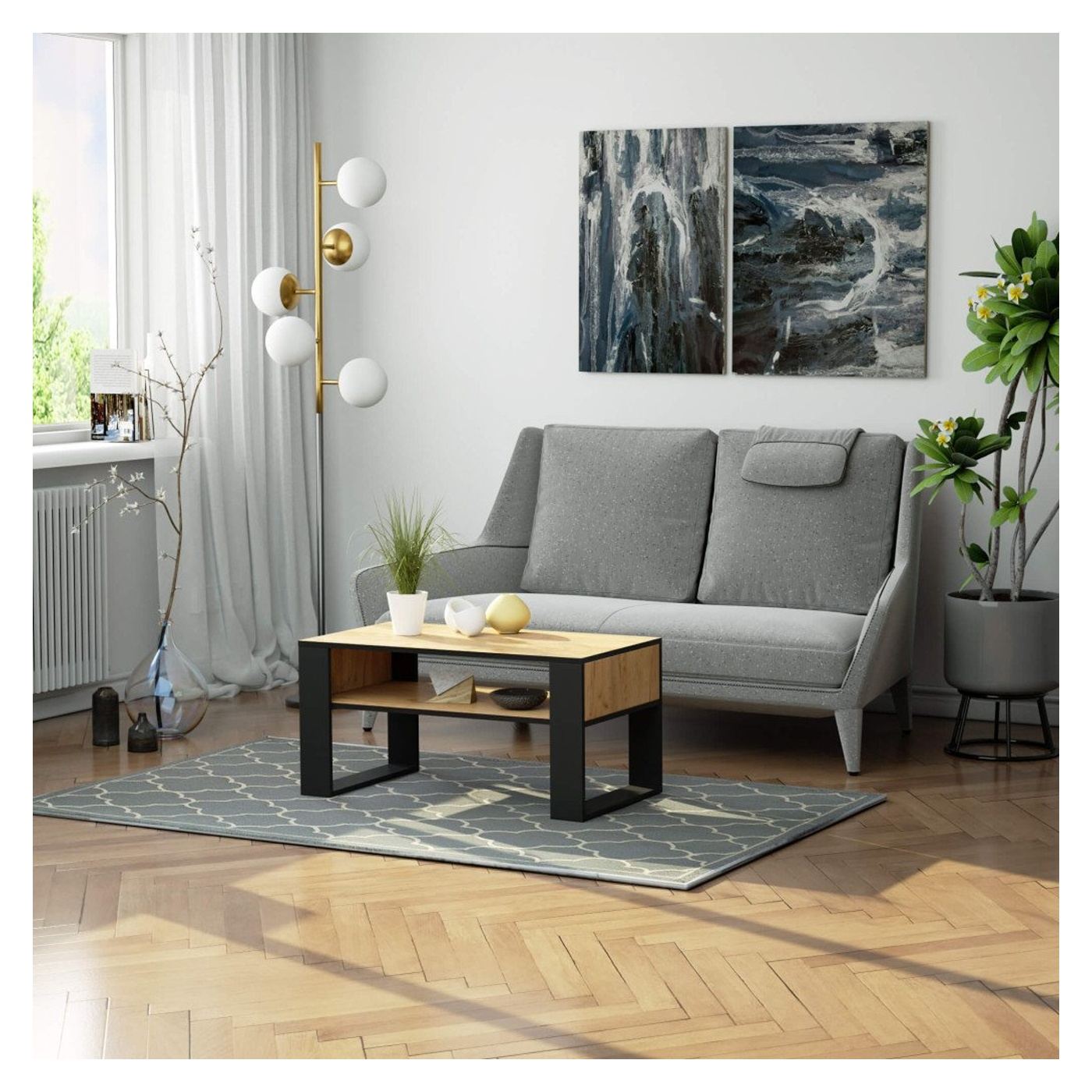 Domi Масичка за кафе с долен рафт, Ламиниран плот, 92x50x45 см, Крафт дъб и Черен - 4