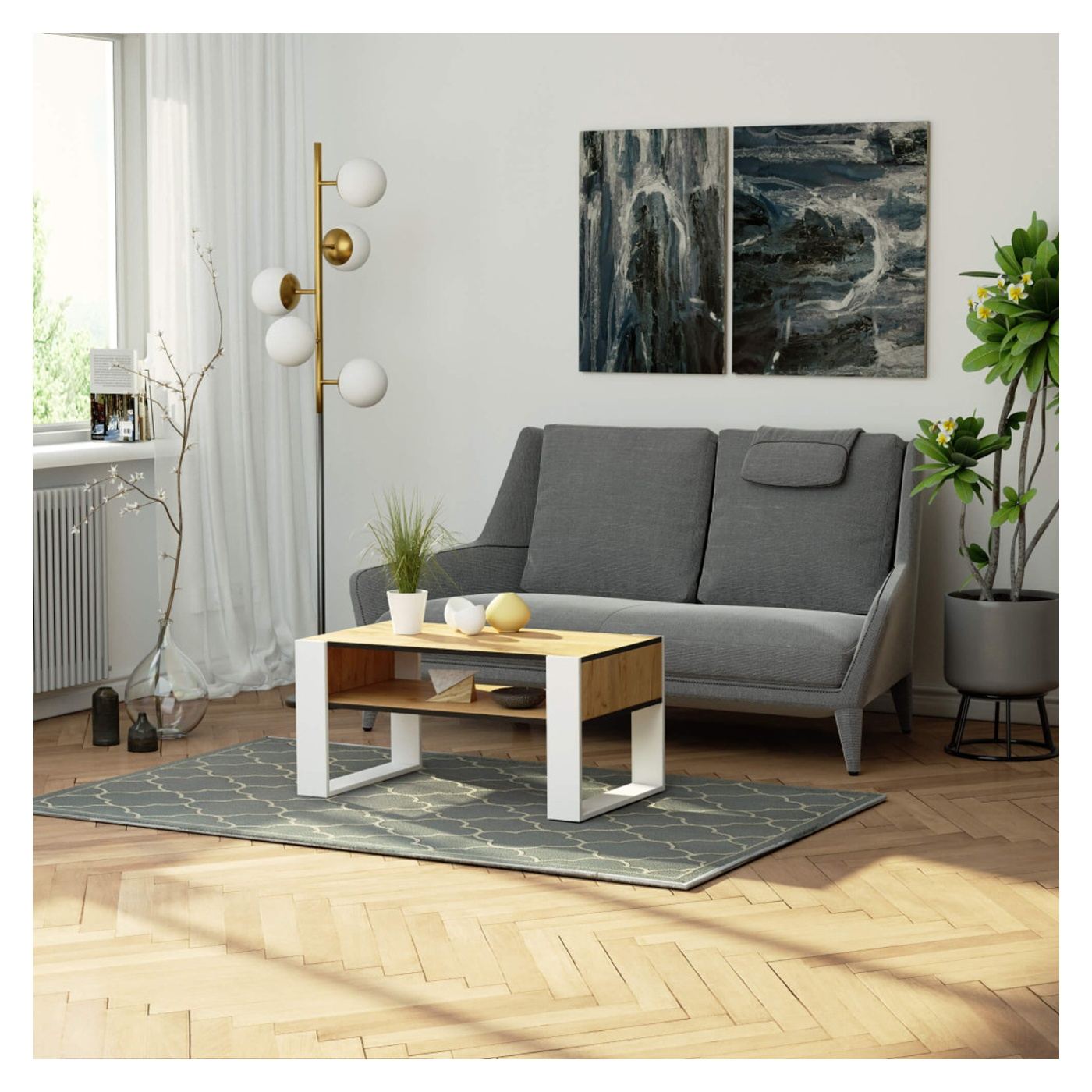 Domi Масичка за кафе с долна рафт, Ламиниран плот, 92x50x45 см, Дъб крафт и бяло - 4
