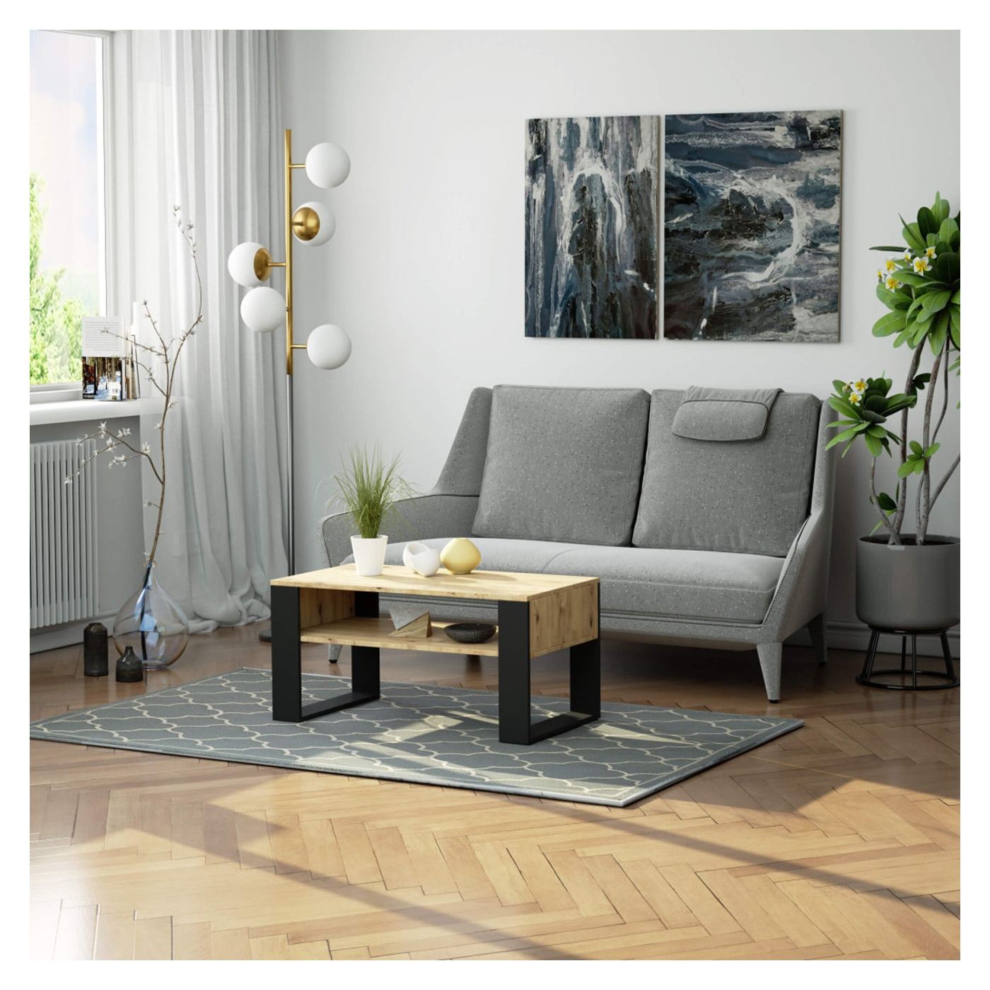 Domi Масичка за кафе с долен рафт, Ламиниран плот, 92x50x45 см, Дъб Артизан и Черен - 4