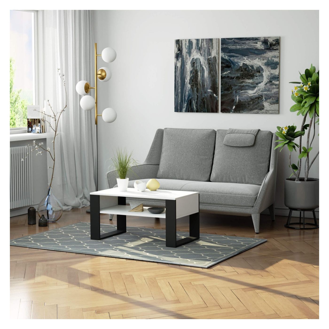 Domi Масичка за кафе с долен рафт, Ламиниран плот, 92x50x45 см, Бяло и Черно - 4