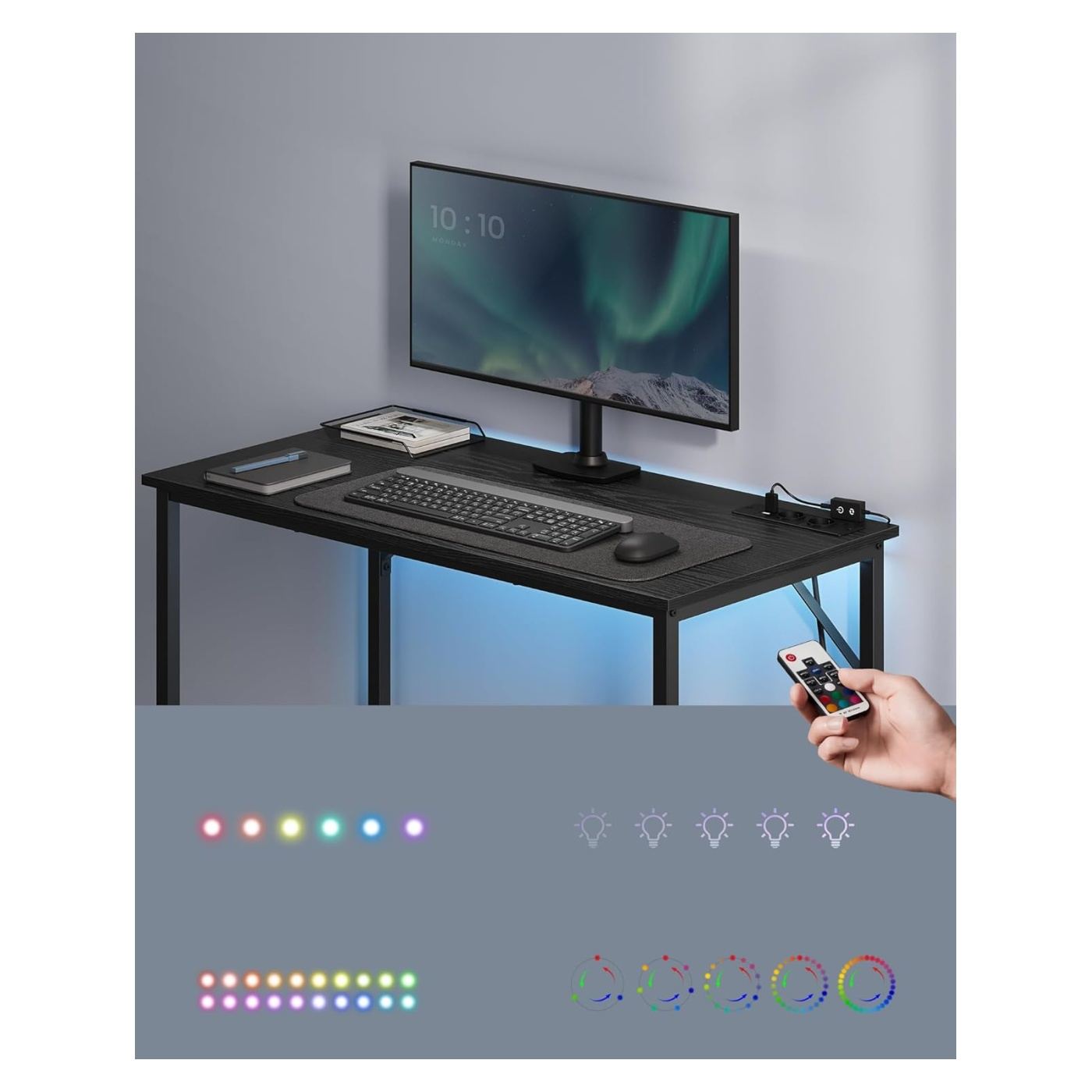 LED бюро с вграден контакт 2 USB стомана ПДЧ, 50x100x76 см, Гейминг, Черен - 2