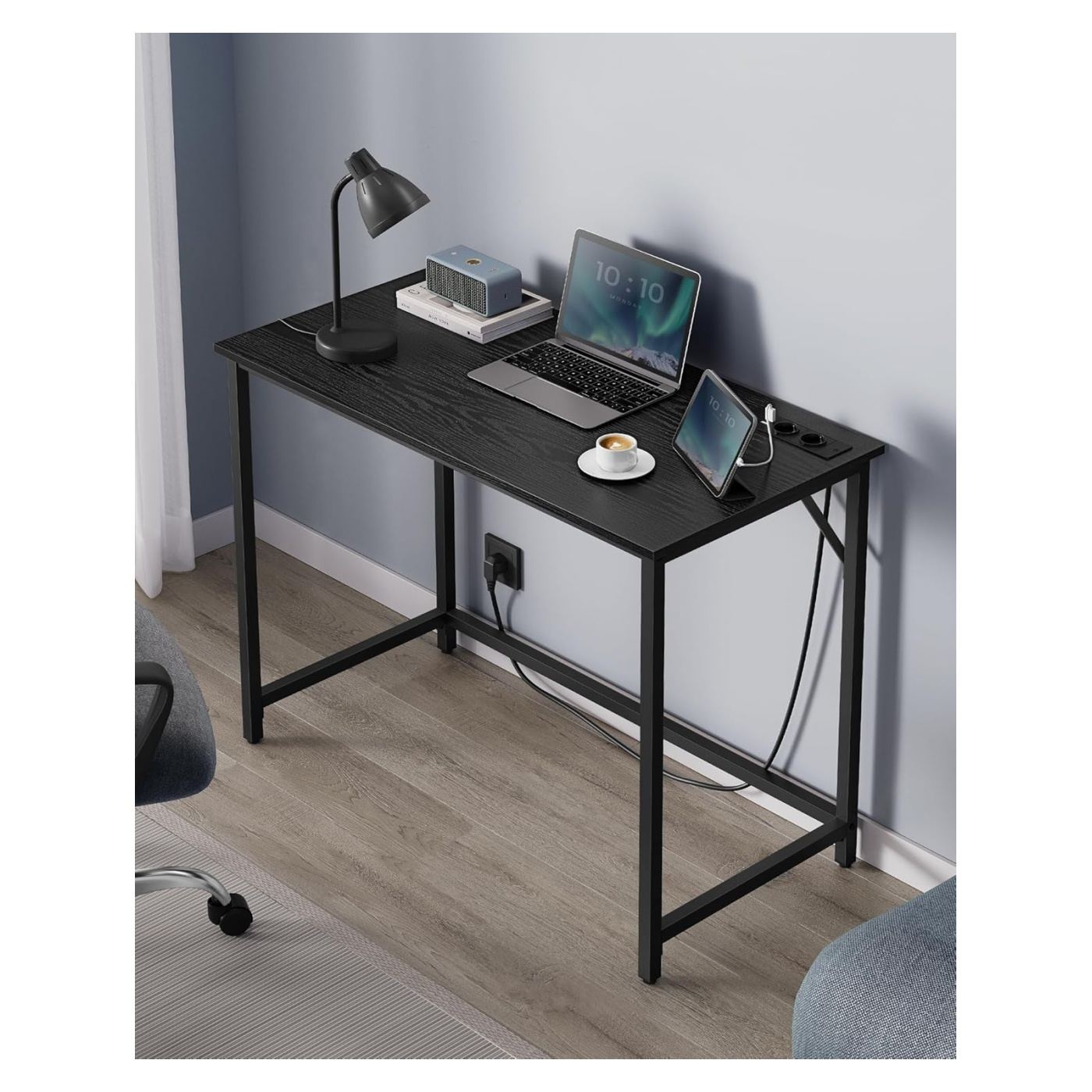LED бюро с вграден контакт 2 USB стомана ПДЧ, 50x100x76 см, Гейминг, Черен - 6