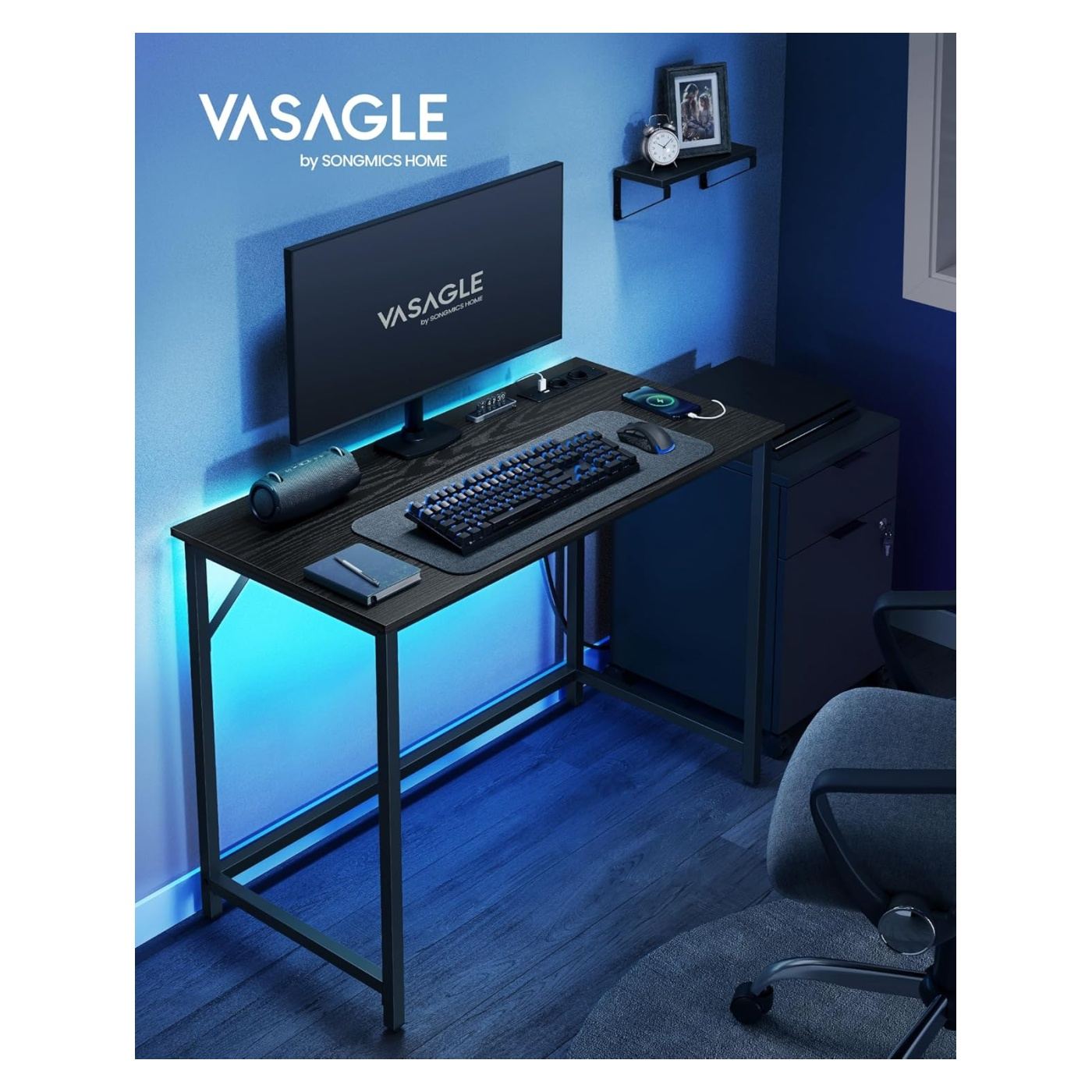 LED бюро с вграден контакт 2 USB стомана ПДЧ, 50x100x76 см, Гейминг, Черен - 7