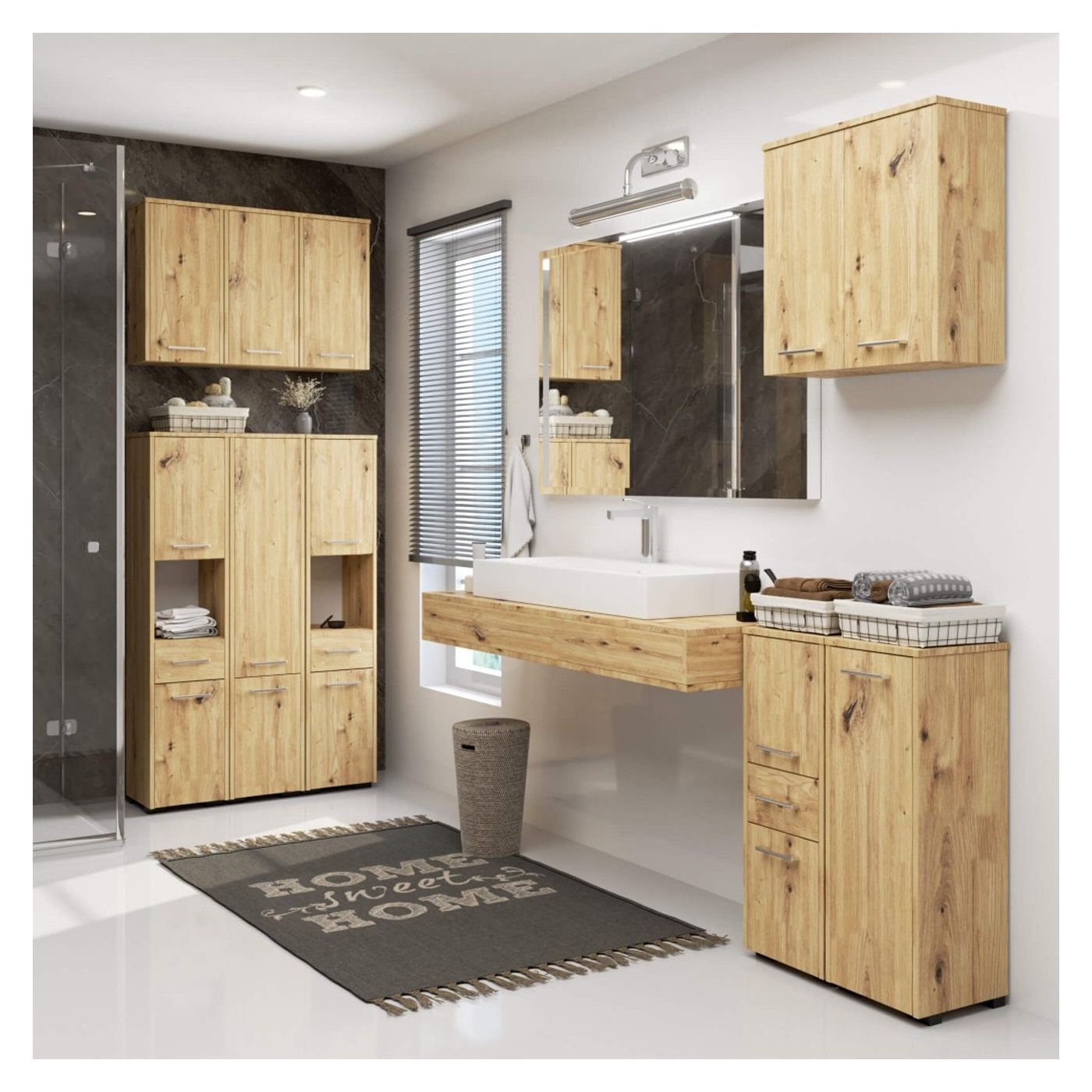 Колона за баня с 2 врати и 5 рафта, ламинирано ПДЧ, 30x30x140 см, дъб артизан - 4