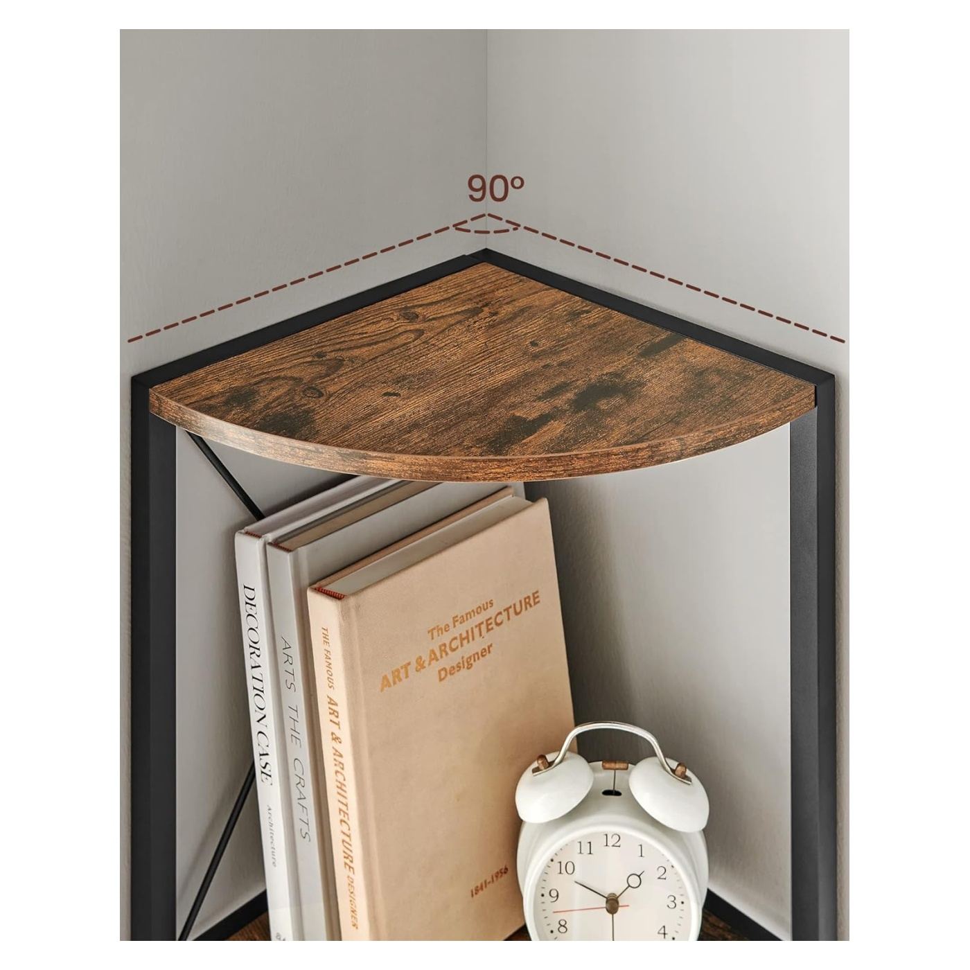 Ъглов рафт за книги с 5 нива, метална рамка, индустриален стил, 30x30x160 см, компактен дизайн, рустик кафяв - 6