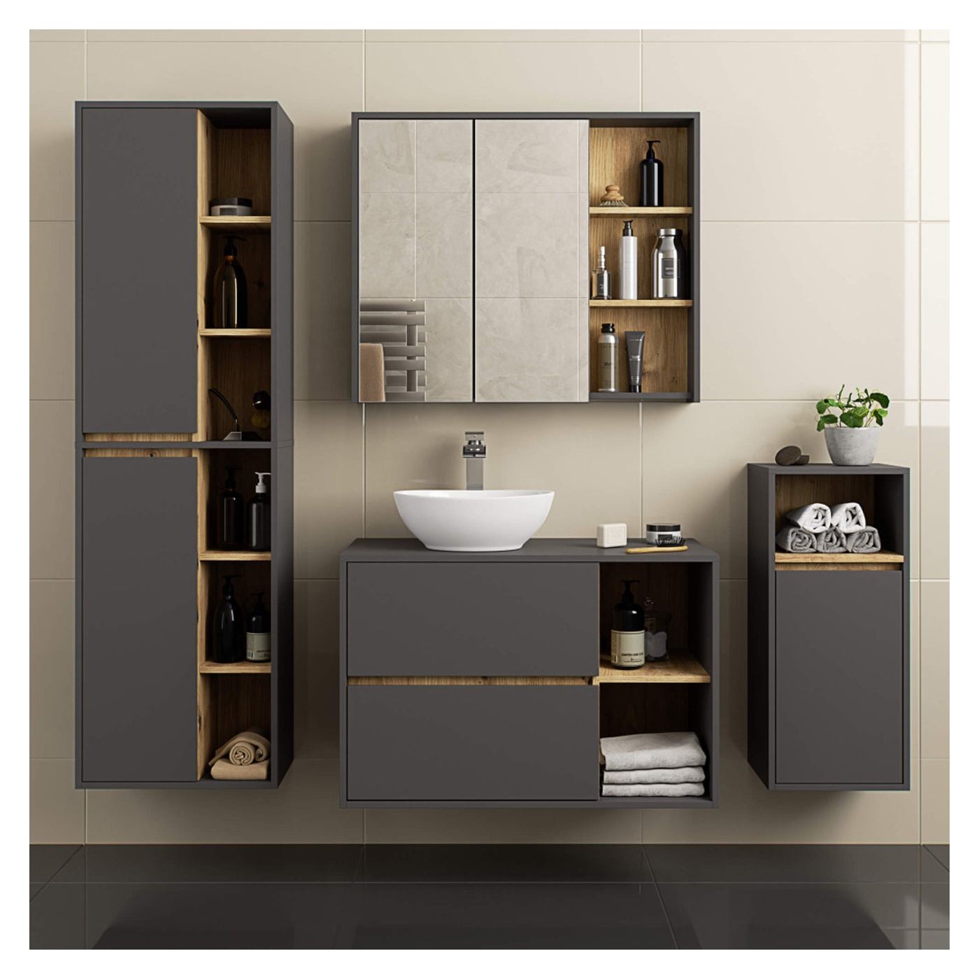 Стенен шкаф за баня, ПДЧ, 2 врати, 6 рафта, 50x30x170 см, голямо пространство за съхранение, дъб артизан сив - 4
