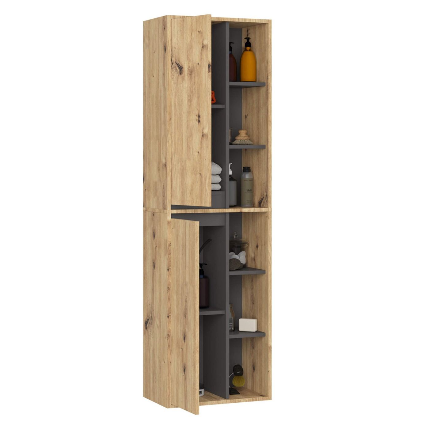 Стенен шкаф за баня с 2 врати и 6 рафта, 16 мм ПДЧ, 50x30x170 см, дъб артизан и сиво - 2