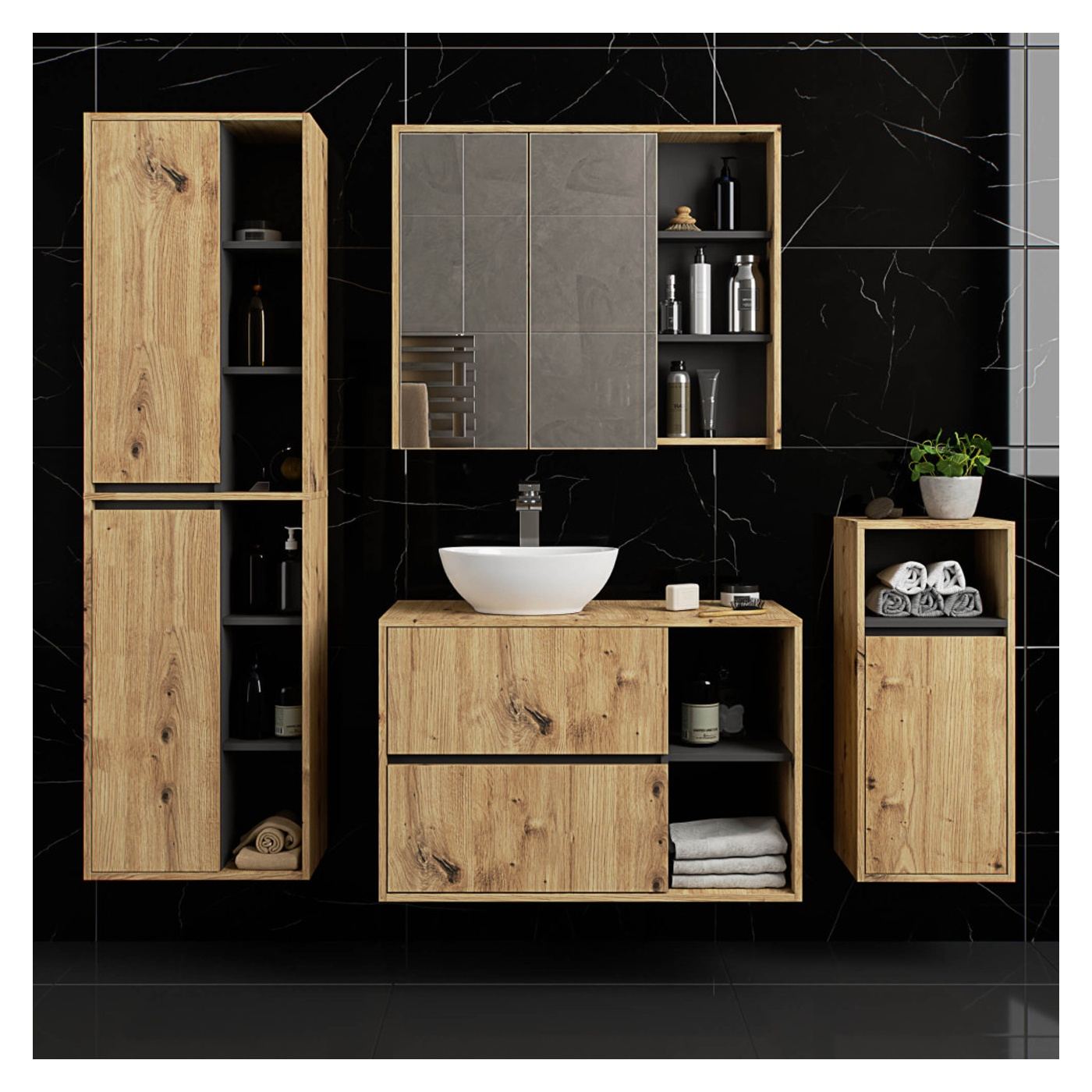 Стенен шкаф за баня с 2 врати и 6 рафта, 16 мм ПДЧ, 50x30x170 см, дъб артизан и сиво - 4