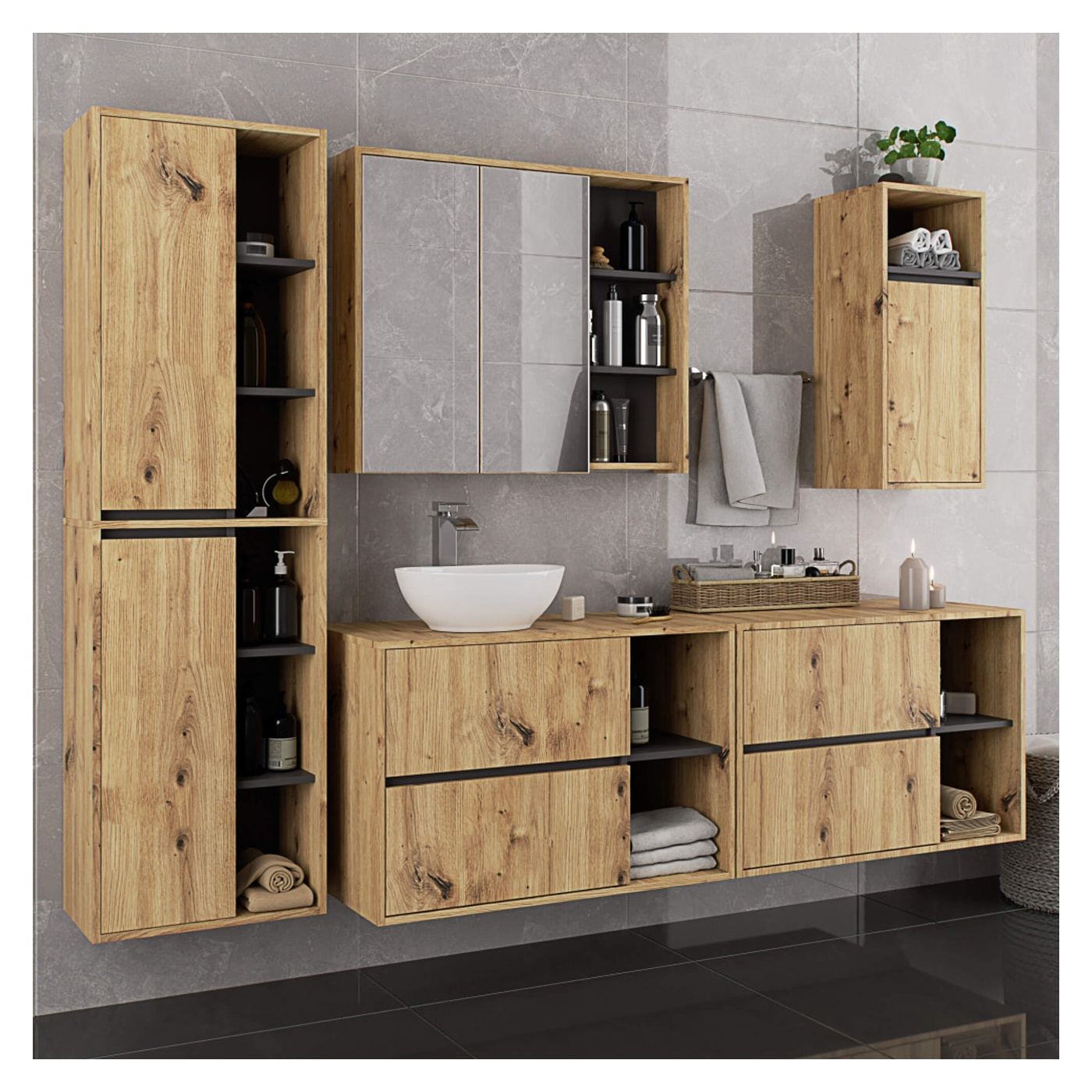 Стенен шкаф за баня с 2 врати и 6 рафта, 16 мм ПДЧ, 50x30x170 см, дъб артизан и сиво - 5
