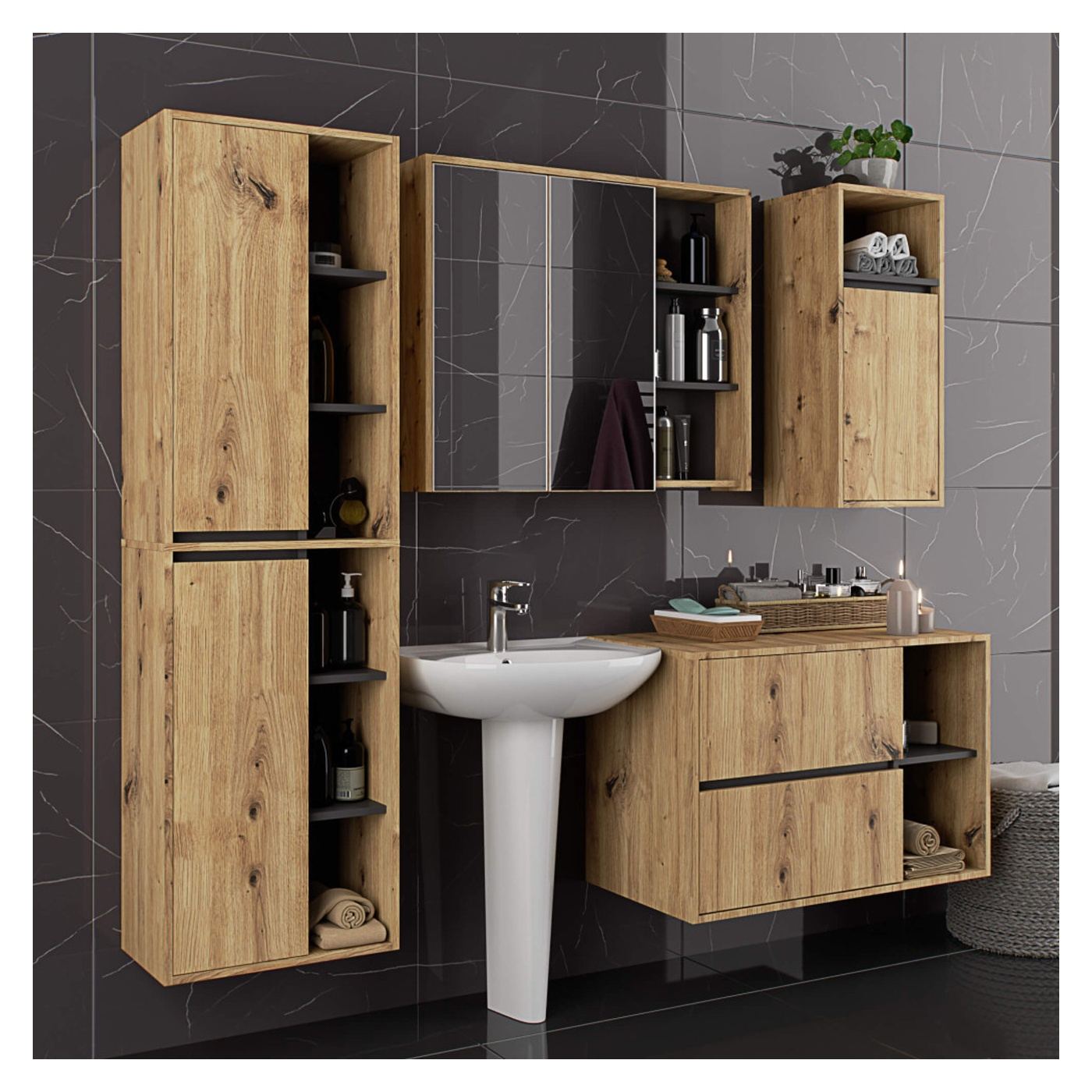 Стенен шкаф за баня с 2 врати и 6 рафта, 16 мм ПДЧ, 50x30x170 см, дъб артизан и сиво - 6