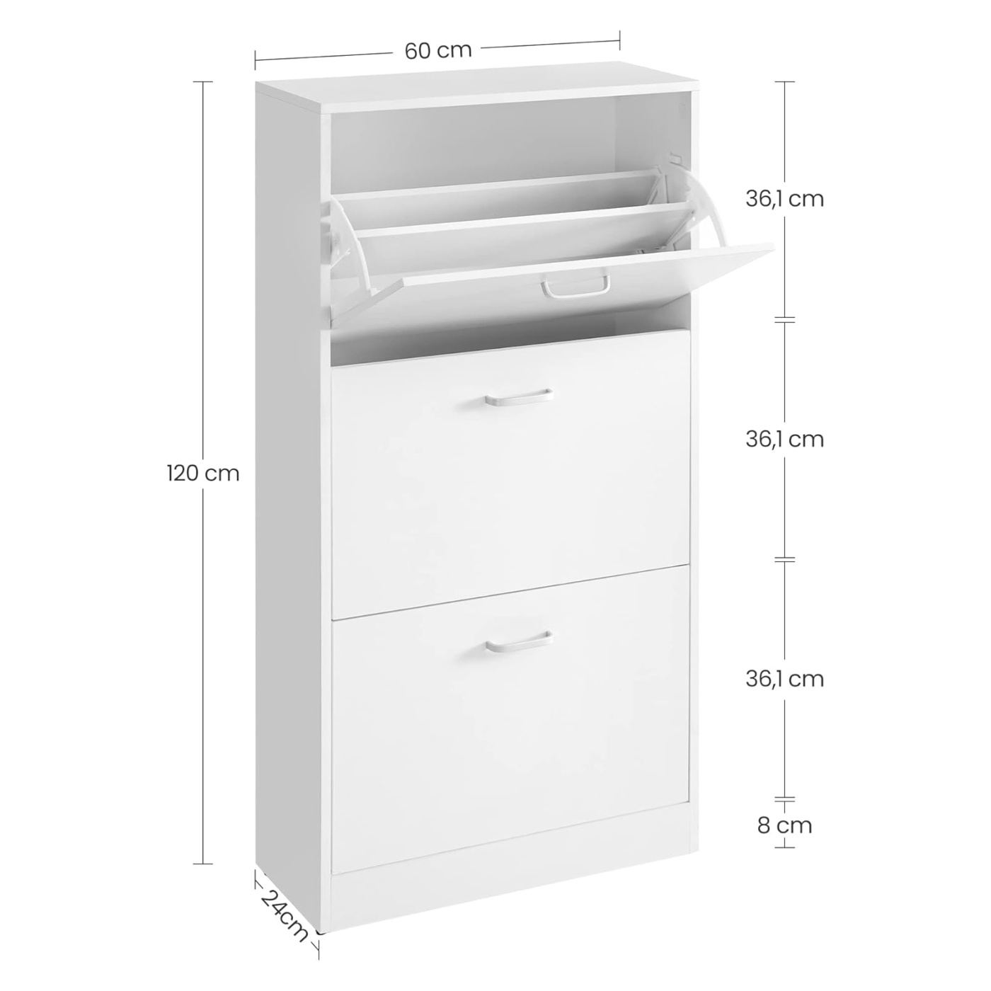 Шкаф за обувки с 2 падащи врати, за 12-18 чифта, 60x24x120 см, бял - 3