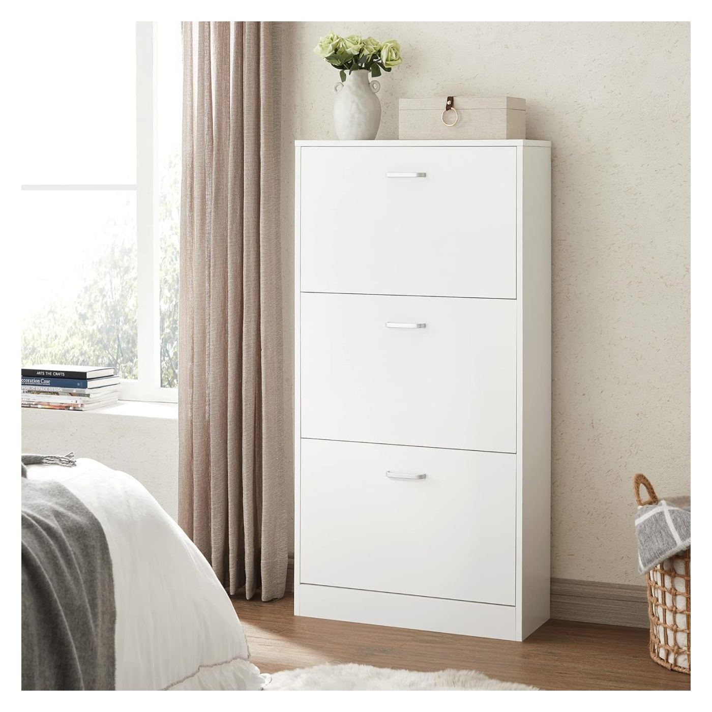 Шкаф за обувки с 2 падащи врати, за 12-18 чифта, 60x24x120 см, бял - 4
