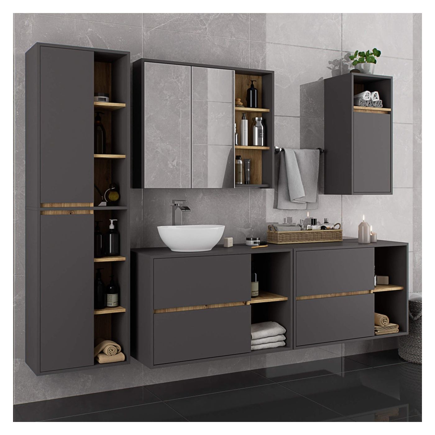 Стенен шкаф за баня, с 2 чекмеджета, 16 мм ПДЧ, 90x46x60 см, сив и дъб артизан - 5