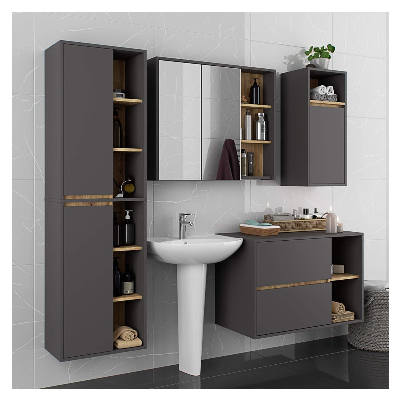 Стенен шкаф за баня, с 2 чекмеджета, 16 мм ПДЧ, 90x46x60 см, сив и дъб артизан - 6