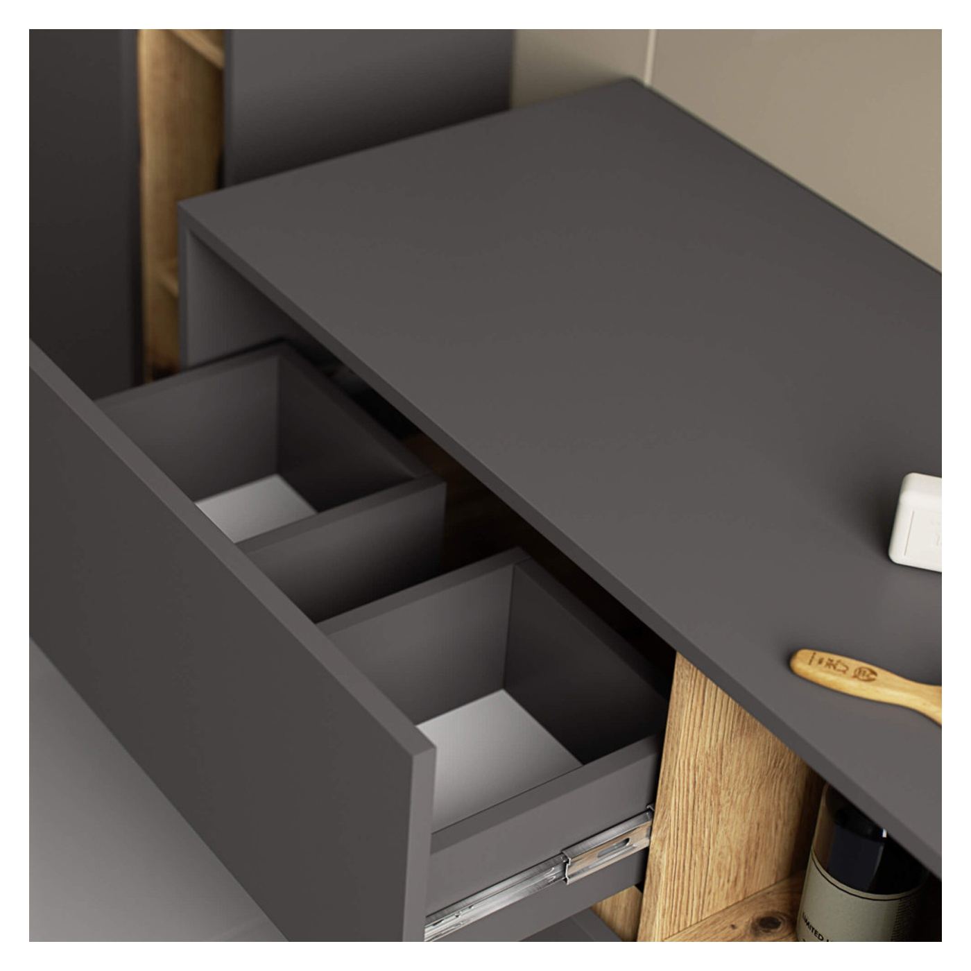 Стенен шкаф за баня, с 2 чекмеджета, 16 мм ПДЧ, 90x46x60 см, сив и дъб артизан - 8