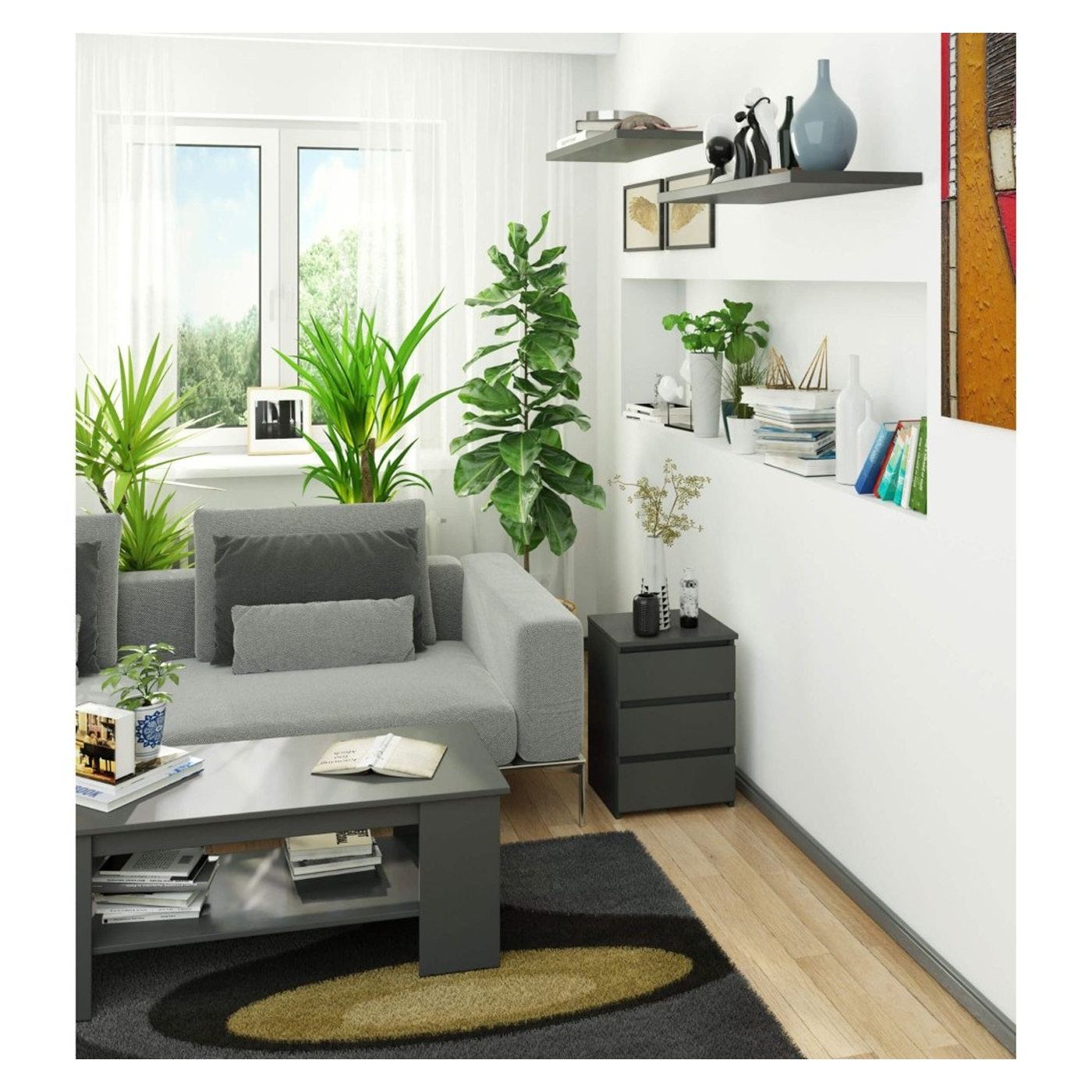 Нощно шкафче с 3 чекмеджета, метални водачи, 40x35x57 см, модерен дизайн, сиво - 4
