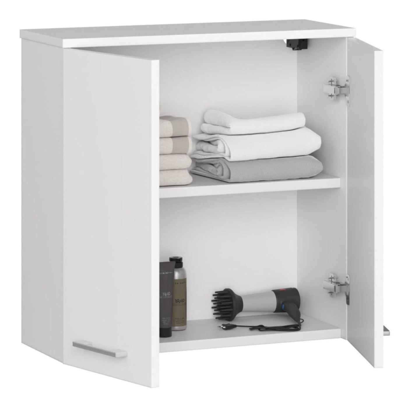 Стенен шкаф за баня, с 2 врати и 1 вътрешен рафт, 16 мм ПДЧ, 60x23x60 см, бял - 2
