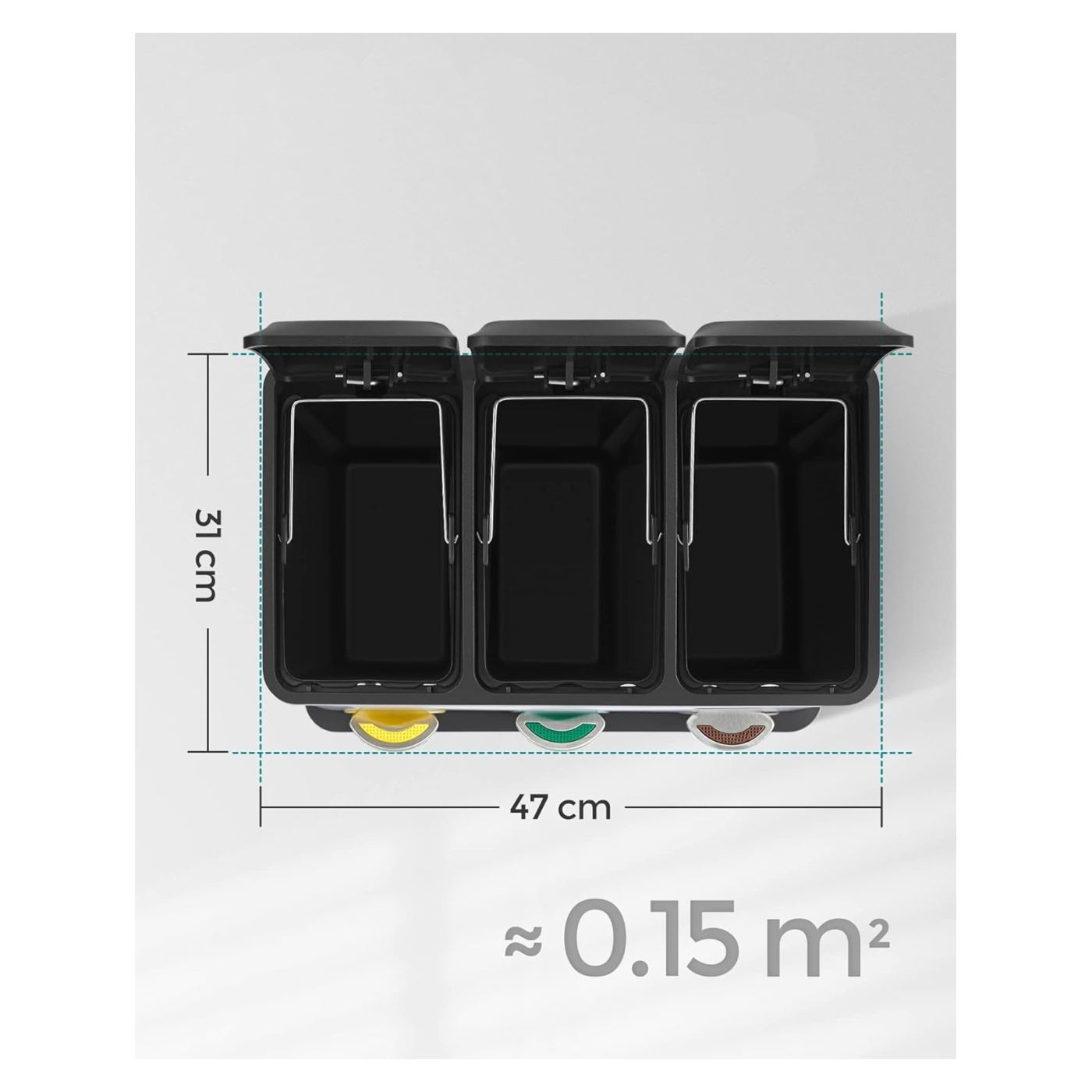 Стоманена кошче за боклук с 3 отделения за селективно събиране 3x8L, 47x30x41 см, Практичен дизайн, Матово черно - 4