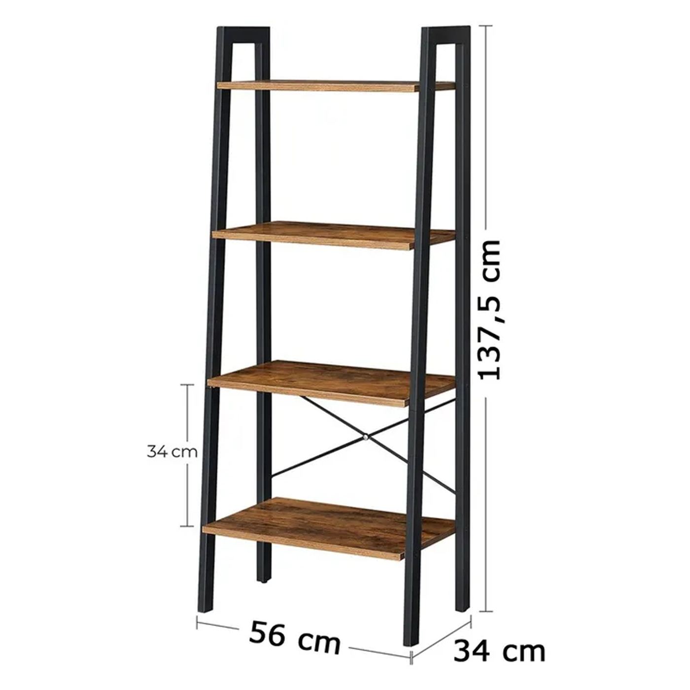 Етажерка тип стълба, стоманена рамка с 4 MDF рафта, индустриален стил, 56x34x138см, рустик кафяво - 2
