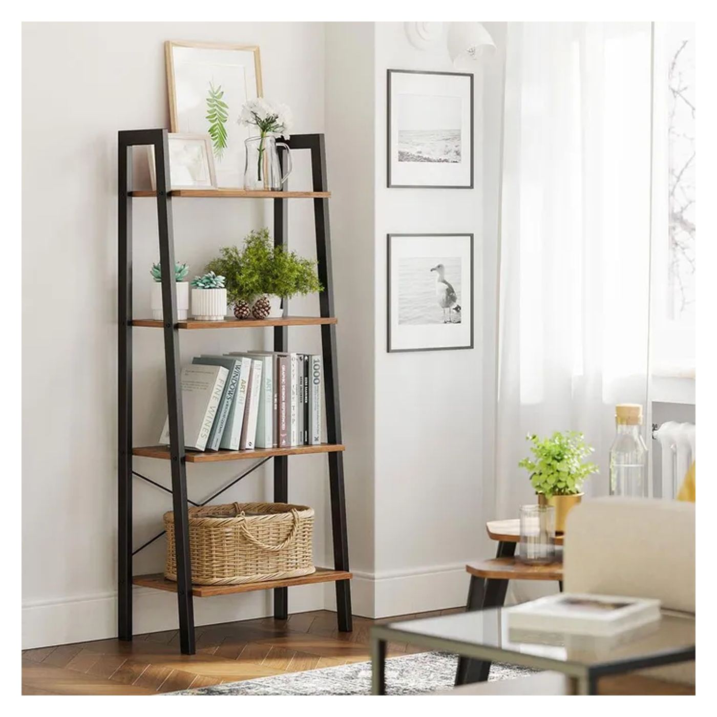 Етажерка тип стълба, стоманена рамка с 4 MDF рафта, индустриален стил, 56x34x138см, рустик кафяво - 3