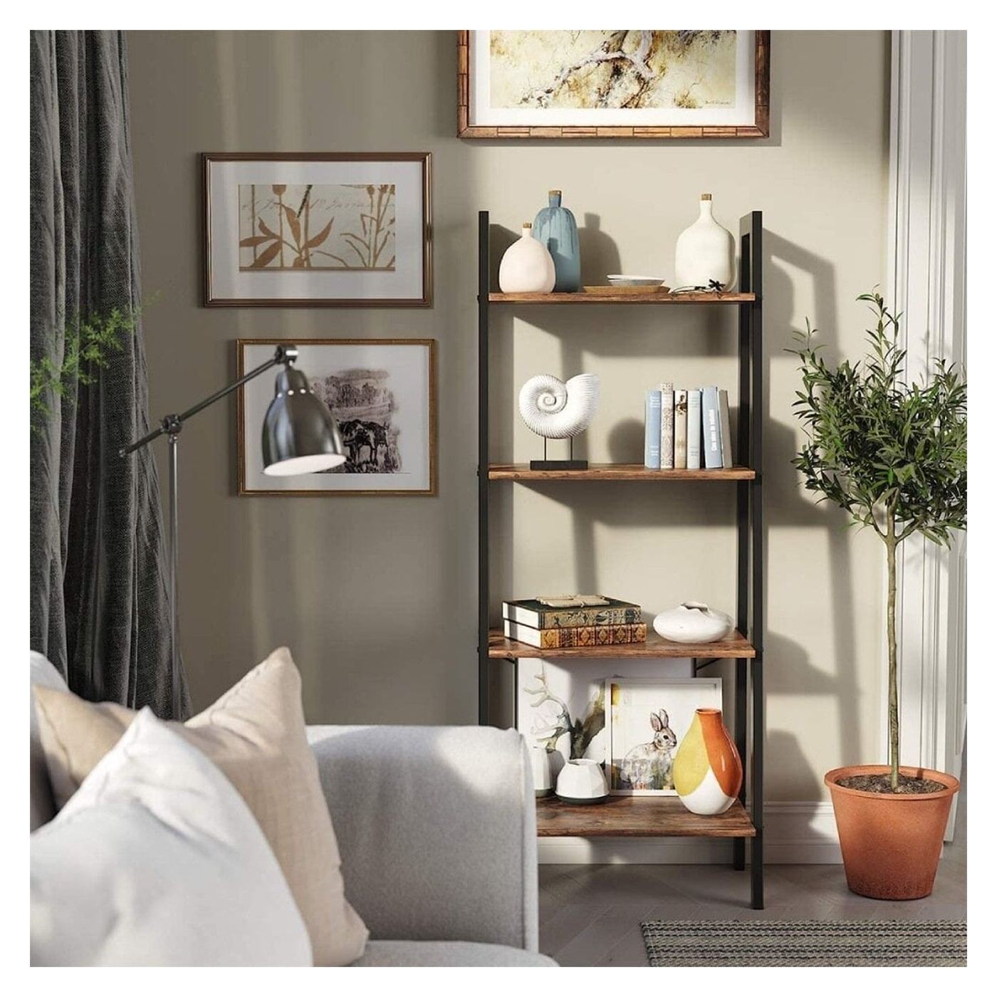 Етажерка тип стълба, стоманена рамка с 4 MDF рафта, индустриален стил, 56x34x138см, рустик кафяво - 7
