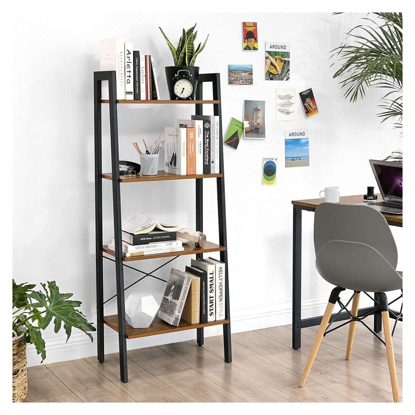 Етажерка тип стълба, стоманена рамка с 4 MDF рафта, индустриален стил, 56x34x138см, рустик кафяво - 11
