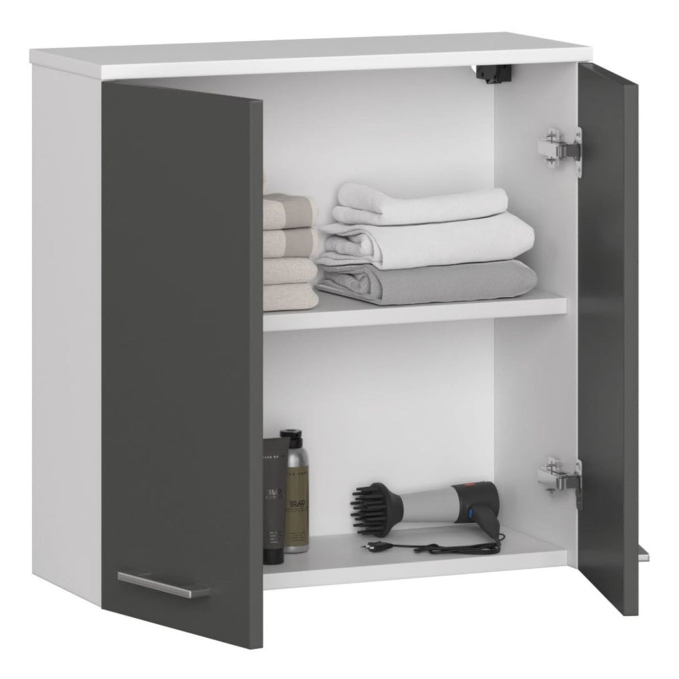 Стенен шкаф за баня, ПДЧ, 2 врати с рафт, 60x23x60 см, модерен дизайн, бял и сив - 2