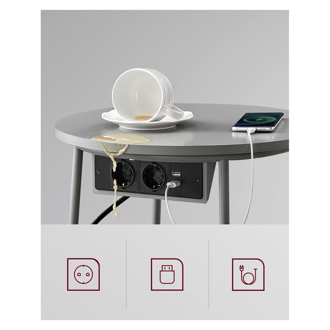 Кръгла маса за кафе с текстилна кошница, контакт, 2 USB порта за зареждане, 45x50 см, модерен дизайн, сребристо сиво - 4