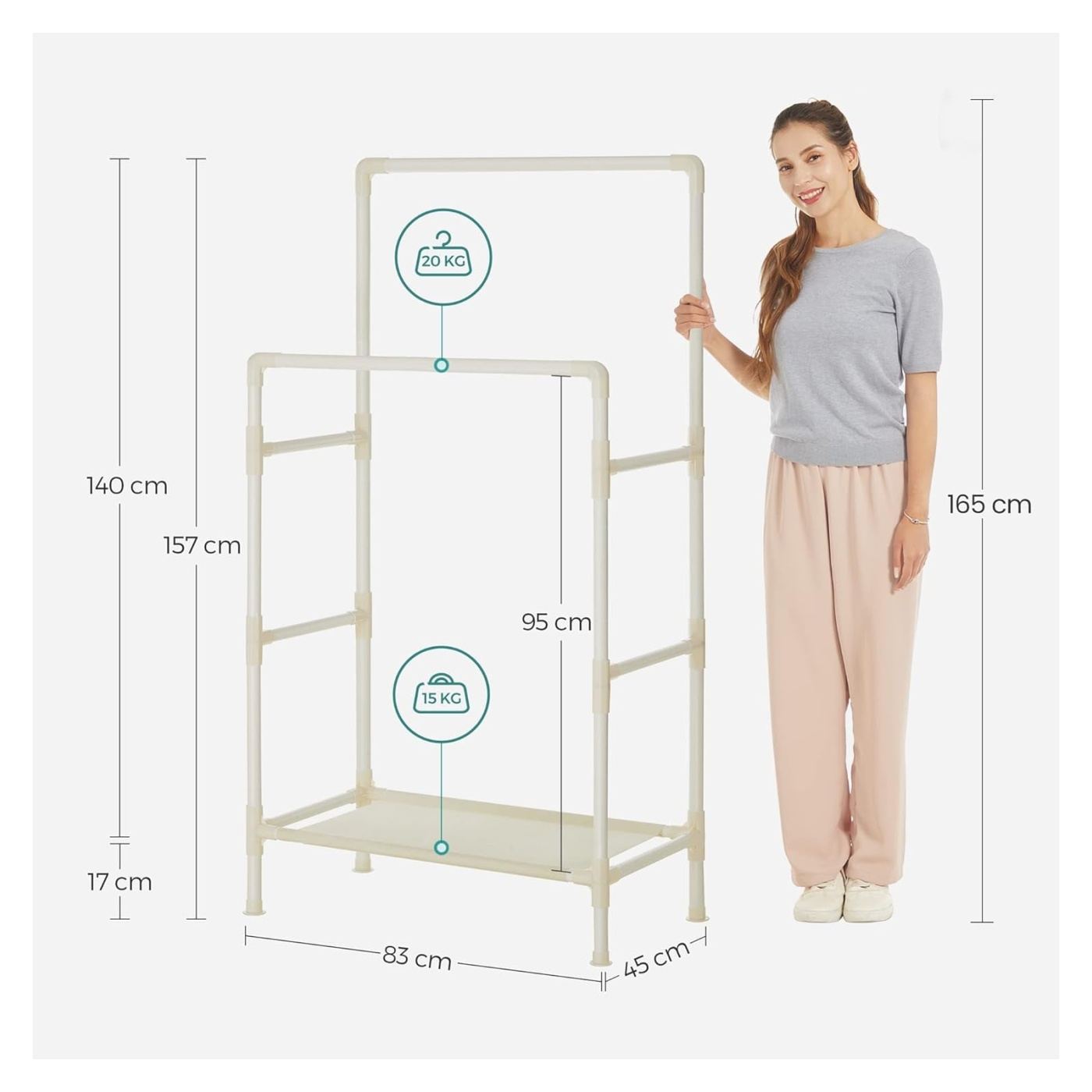 Метална стойка за дрехи с 2 лоста и 1 рафт, макс. 70 кг, индустриална, 45x83x157 см, мобилна, бяла - 5